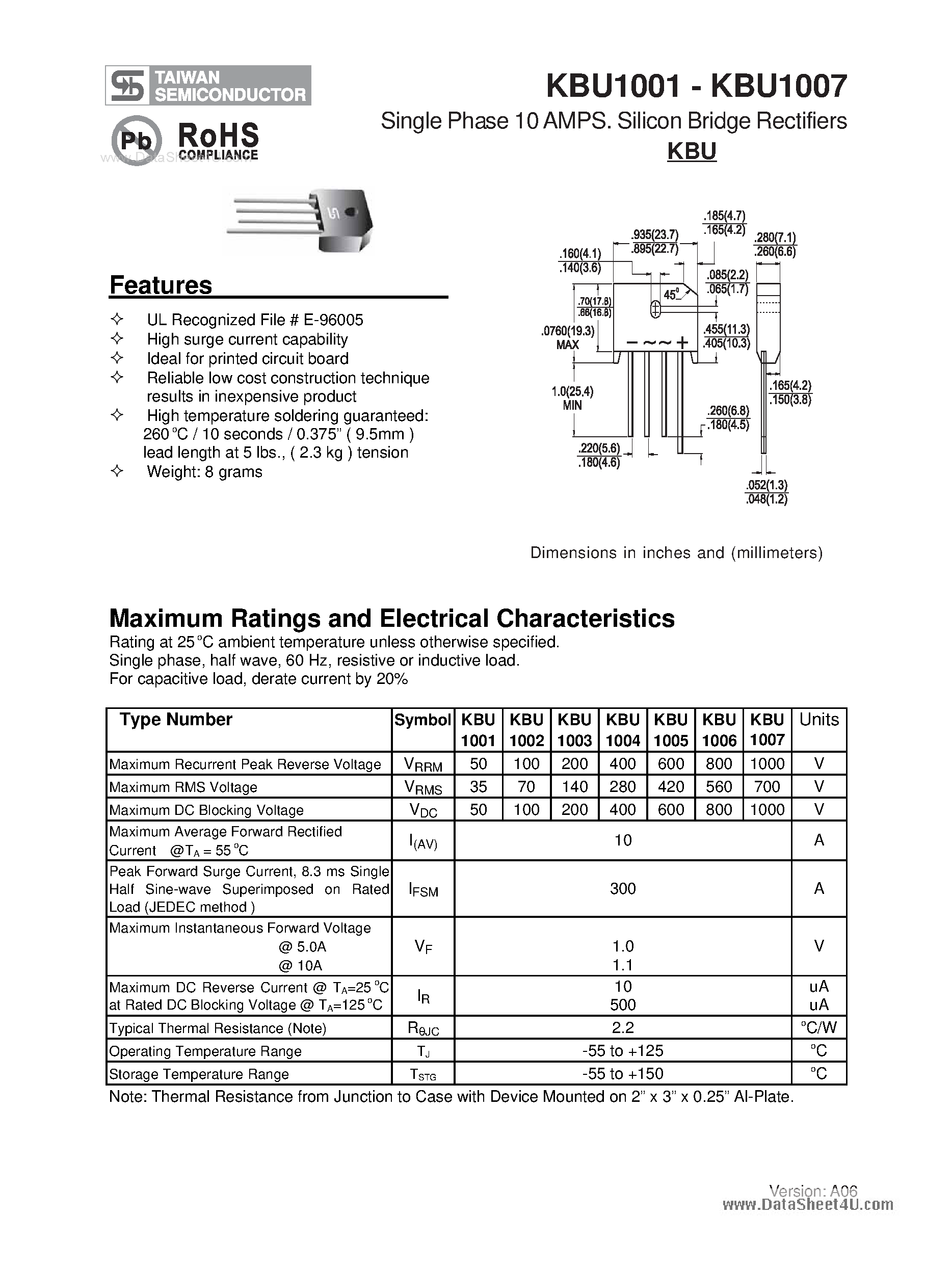 Datasheet KBU1001 page 1 Datasheet KBU1001 - (KBU1001 - KBU1007) Silicon Bridge Rectifiers page 1