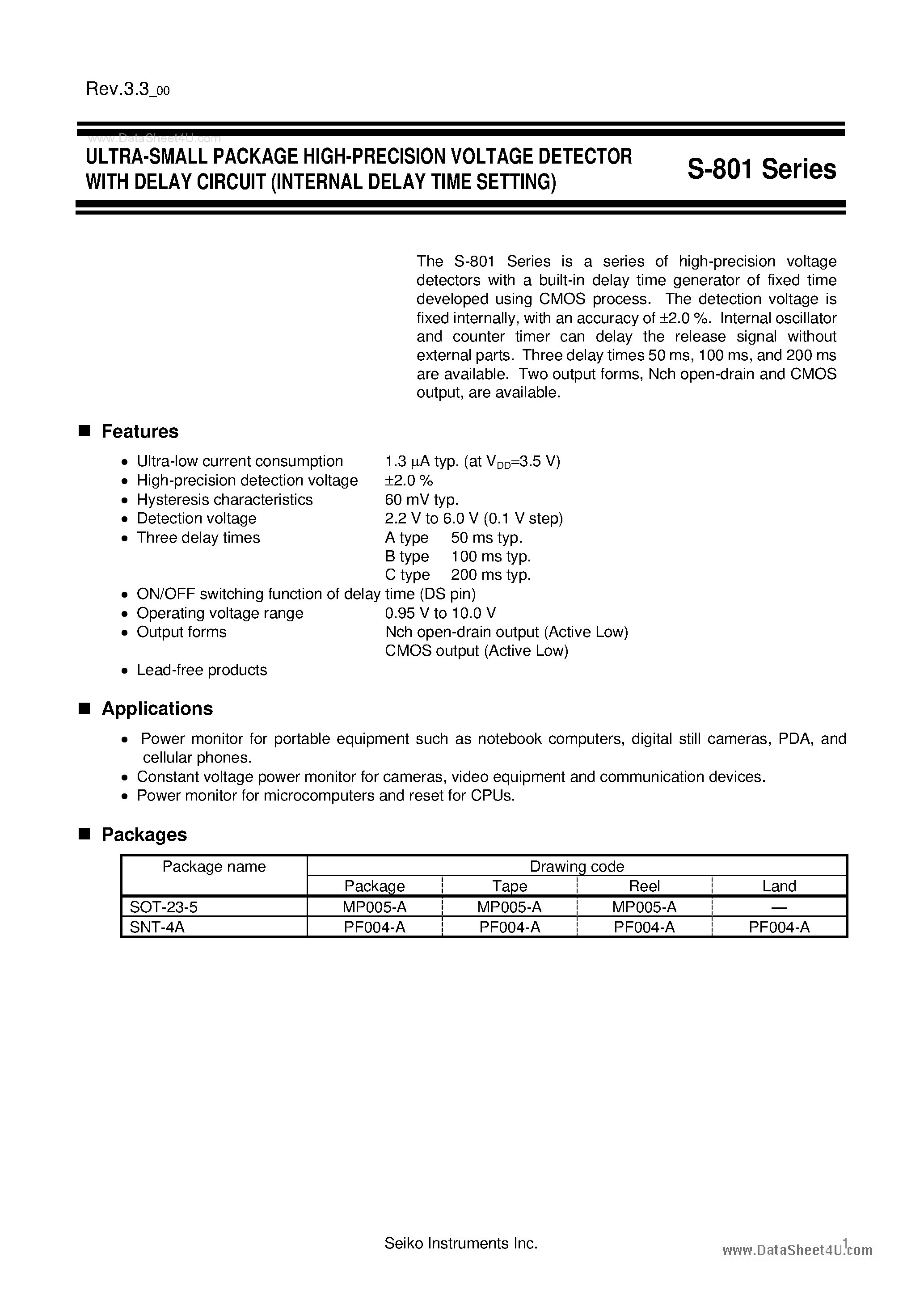 Datasheet S-801 - ULTRA-SMALL PACKAGE HIGH-PRECISION VOLTAGE DETECTOR page 1