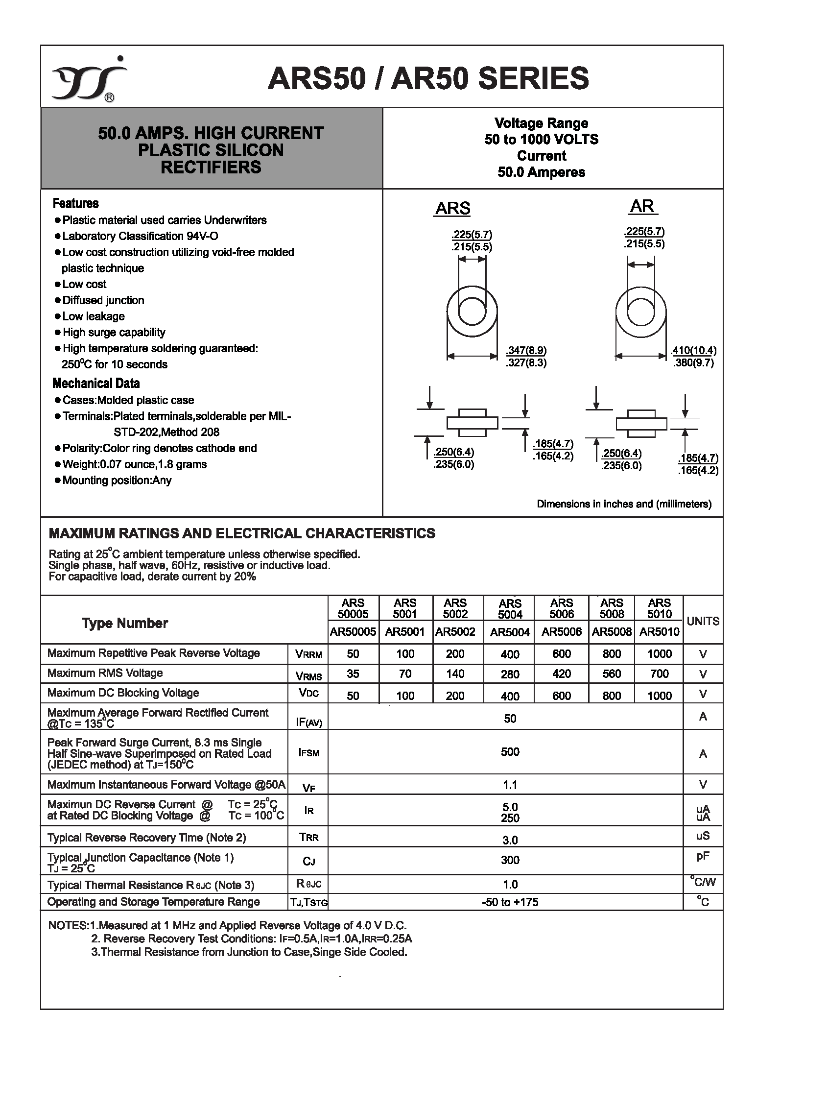 Datasheet AR50005 page 1 Datasheet AR50005 - HIGH CURRENT PLASTIC SILICON RECTIFIERS page 1