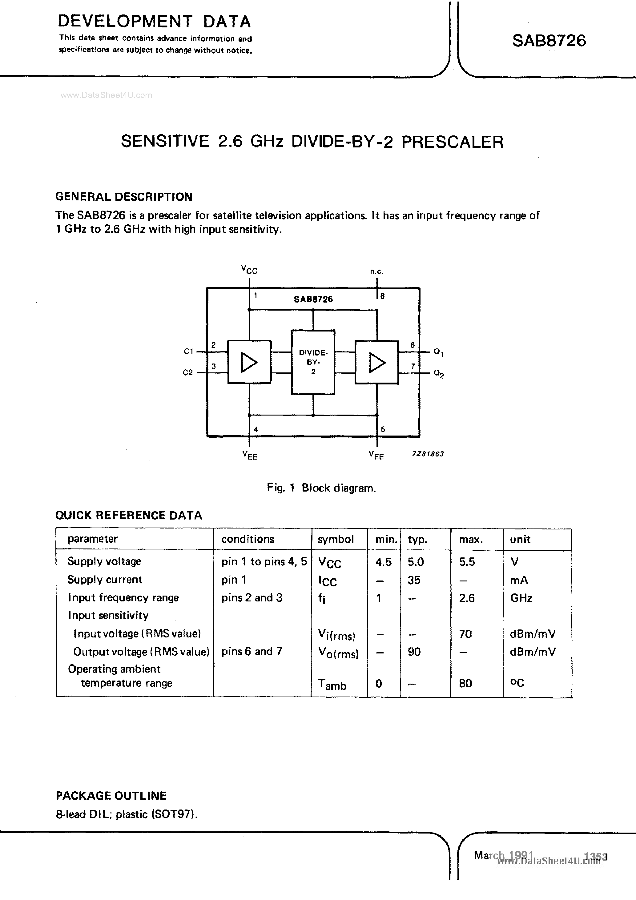 Datasheet SAB8726 - Sensitive 2.6GHz Divide by 2 Prescaler page 1