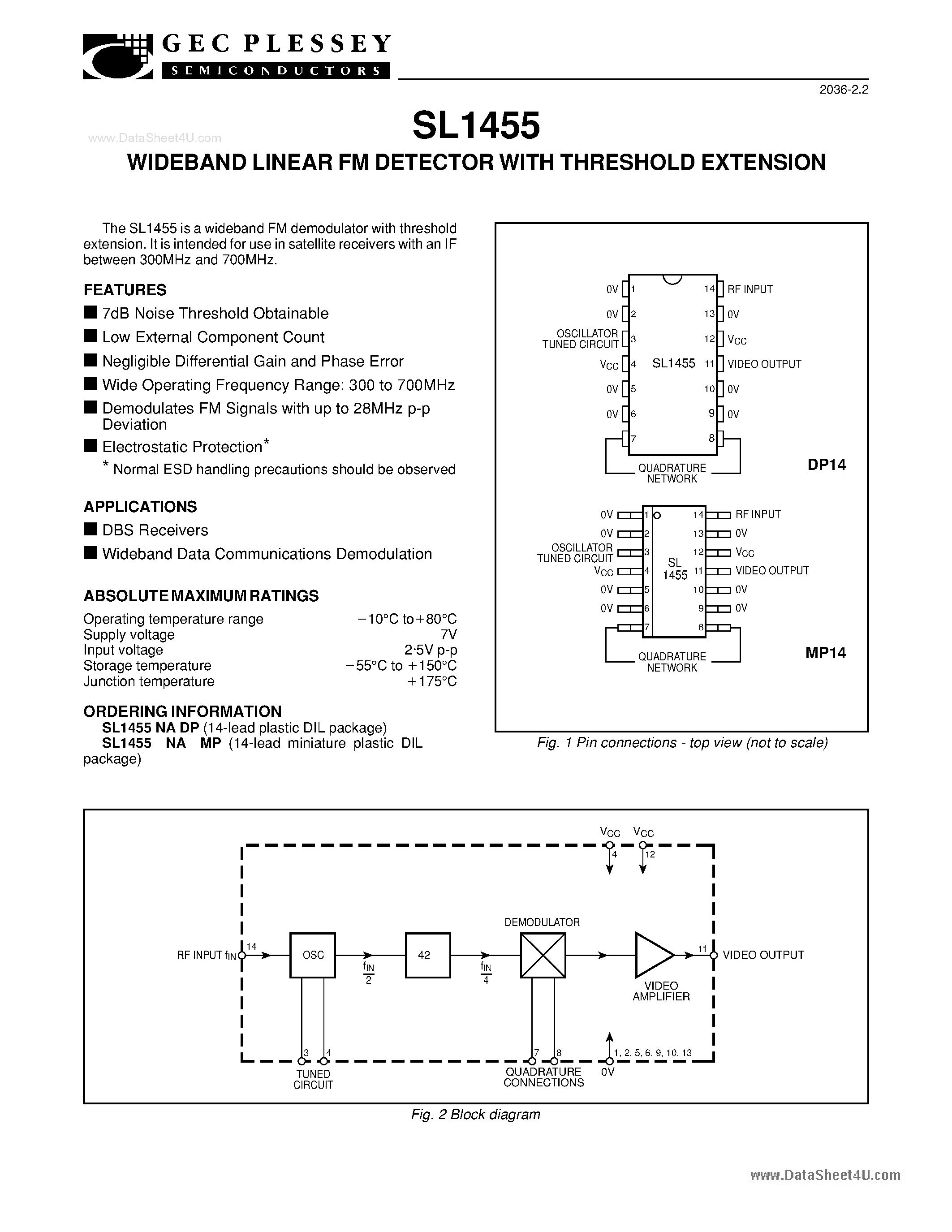 Даташит на микросхему SL1455 страница 1 Даташит SL1455 - Wideband Linear FM Detector страница 1