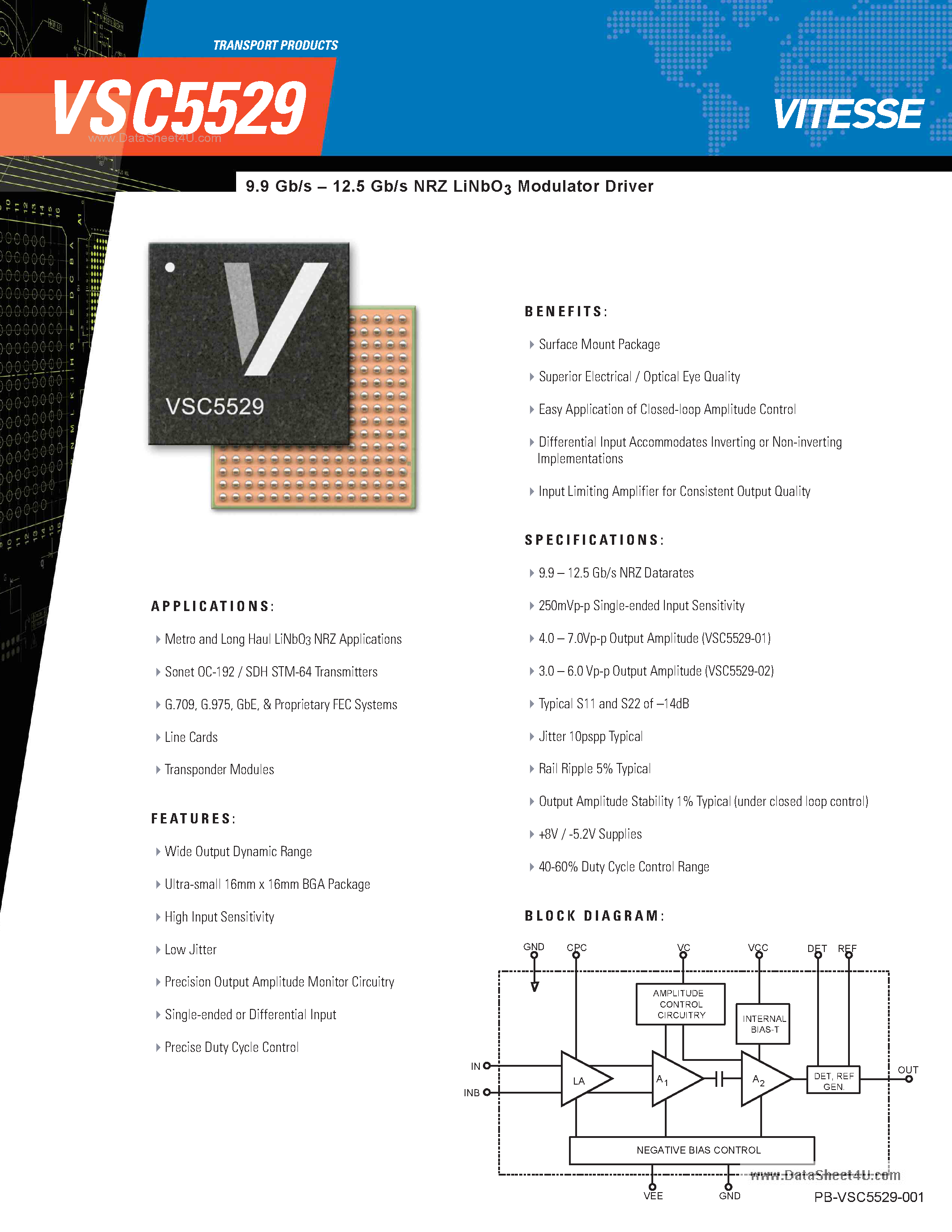 Даташит VSC5529 - 9.9 Gb/s - 12.5 Gb/s NRZ LiNbO3 Modulator Driver страница 1