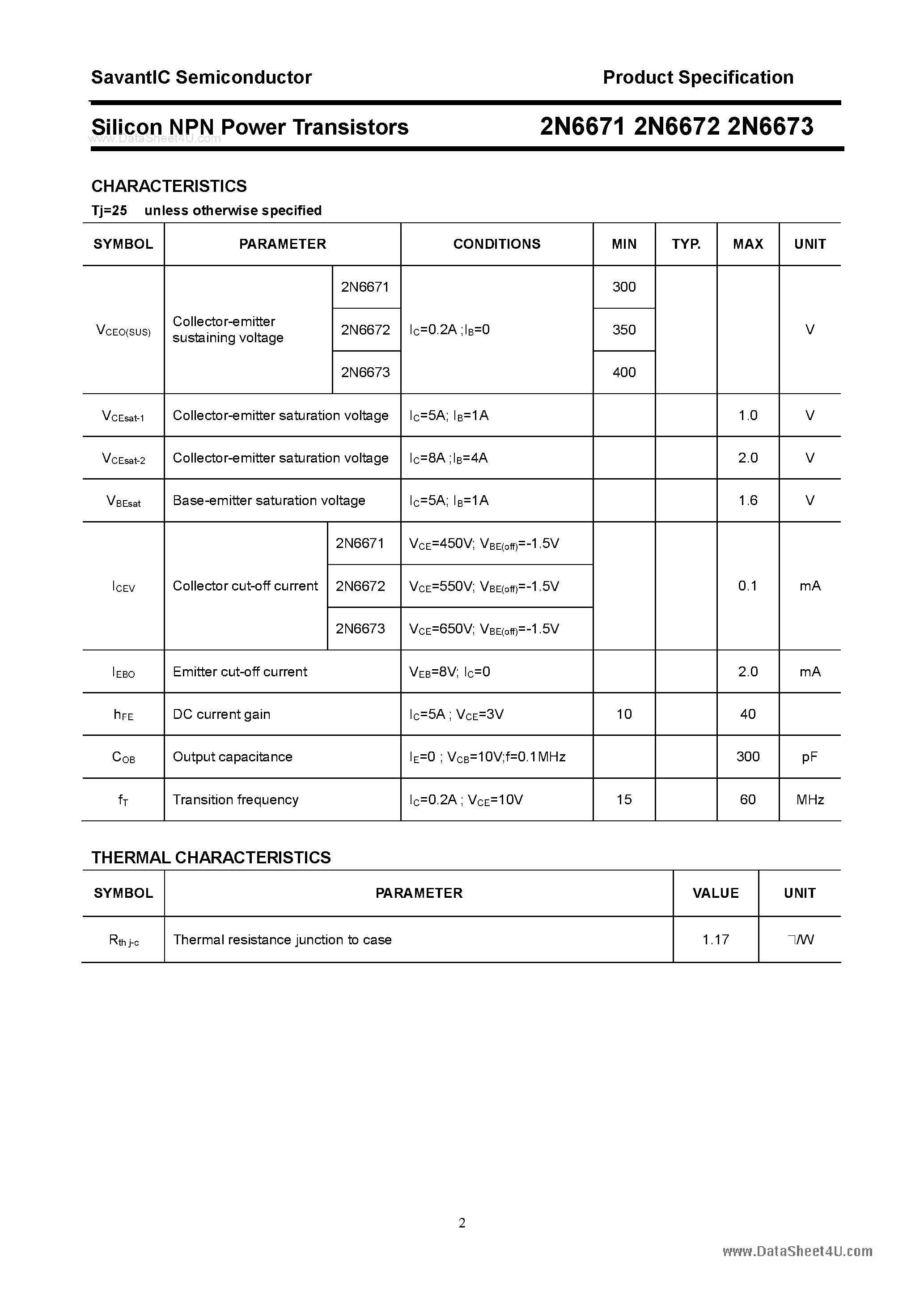 Datasheet 2N6671 - (2N6671 - 2N6673) Silicon Power Transistor page 2