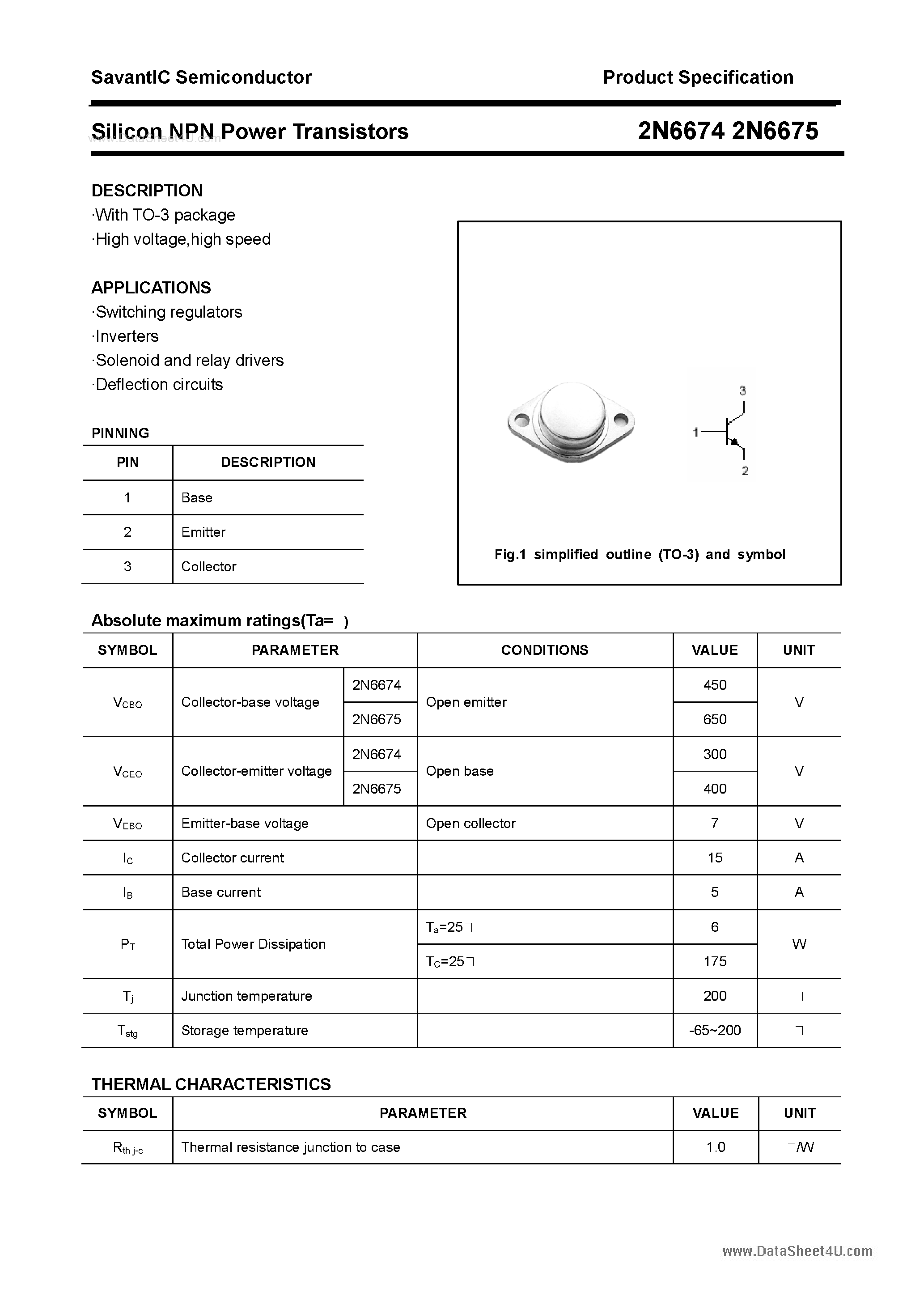 Datasheet 2N6674 - (2N6674 / 2N6675) Silicon Power Transistor page 1