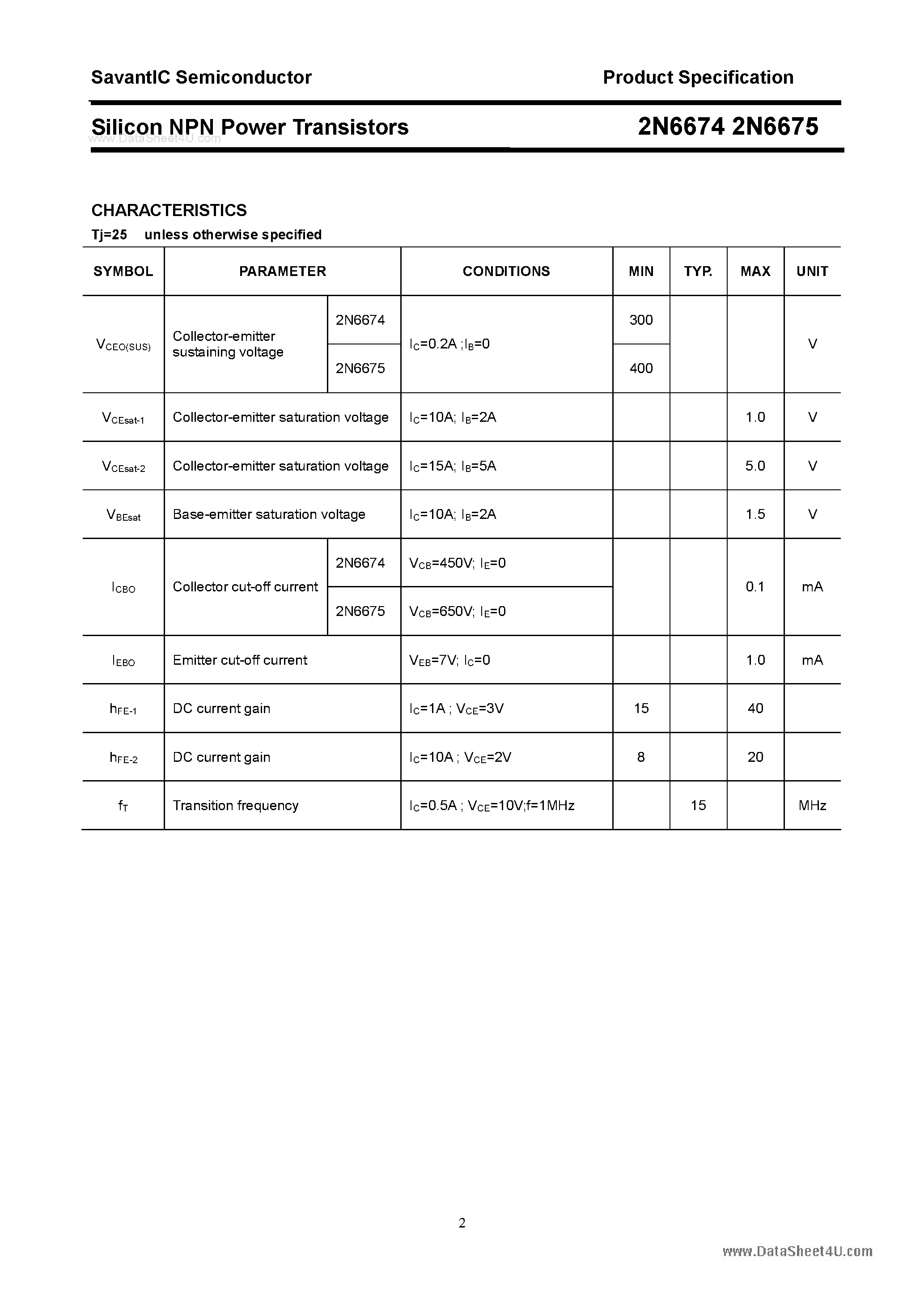 Datasheet 2N6674 - (2N6674 / 2N6675) Silicon Power Transistor page 2