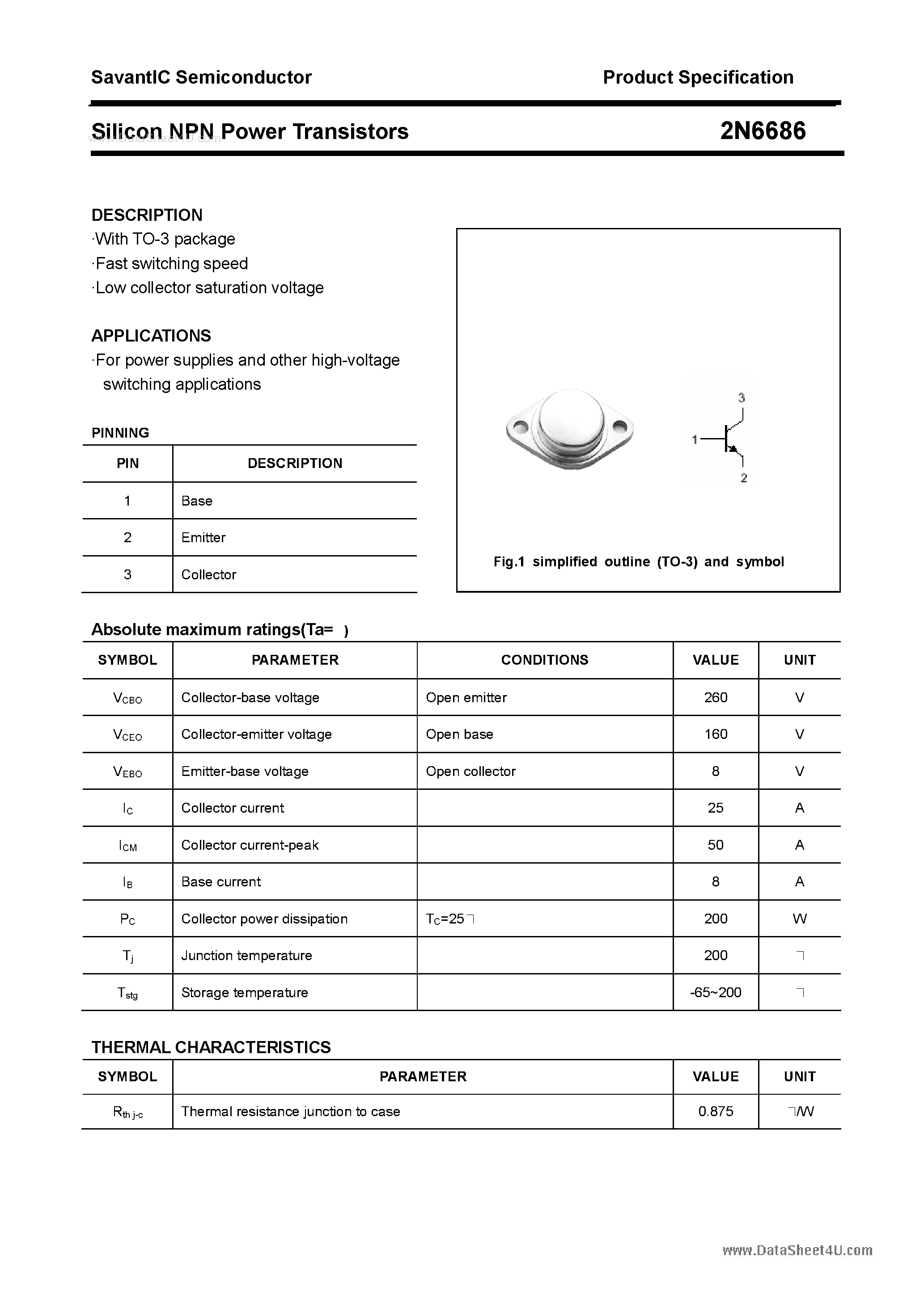 Datasheet 2N6686 - Silicon Power Transistor page 1