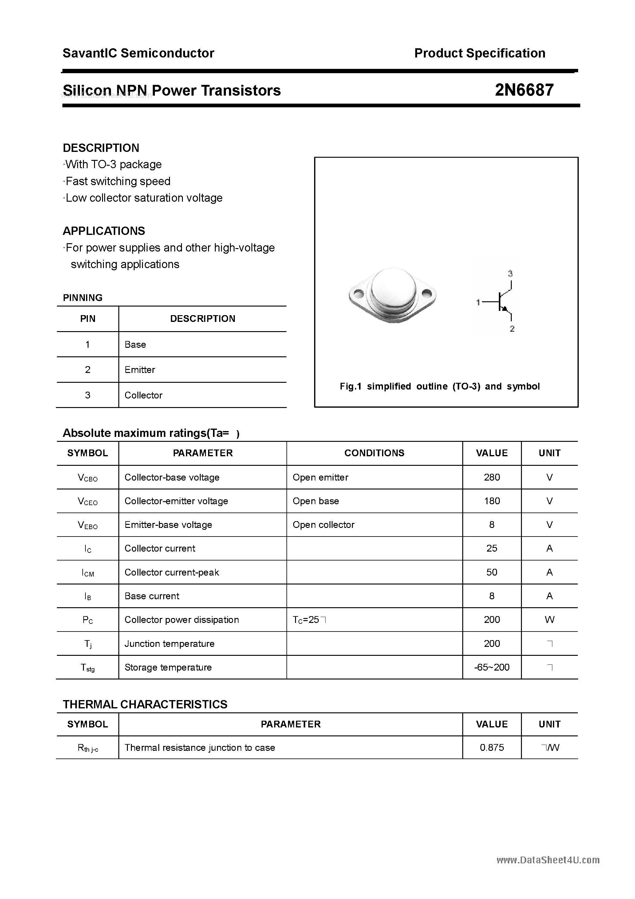 Datasheet 2N6687 - Silicon Power Transistor page 1