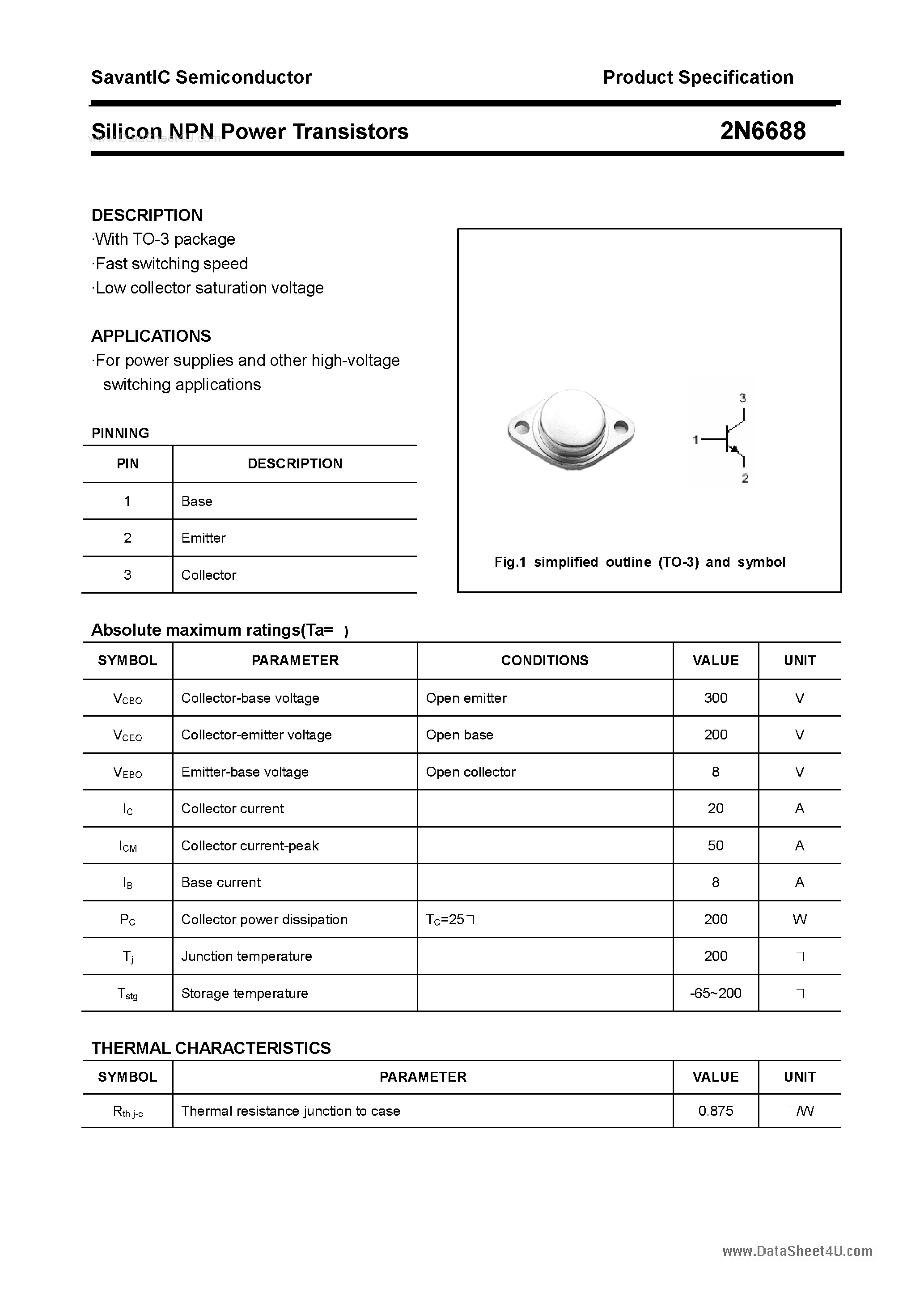Datasheet 2N6688 - Silicon Power Transistor page 1