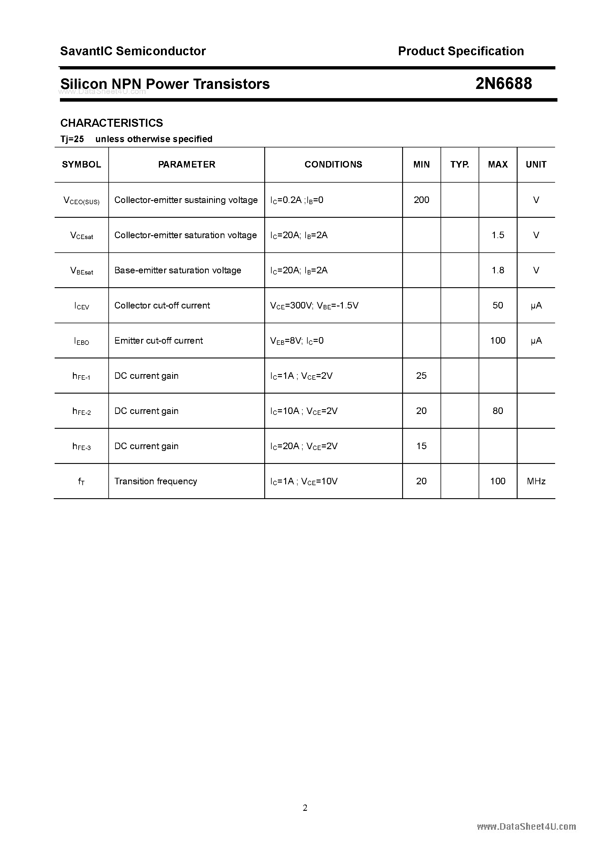 Datasheet 2N6688 - Silicon Power Transistor page 2