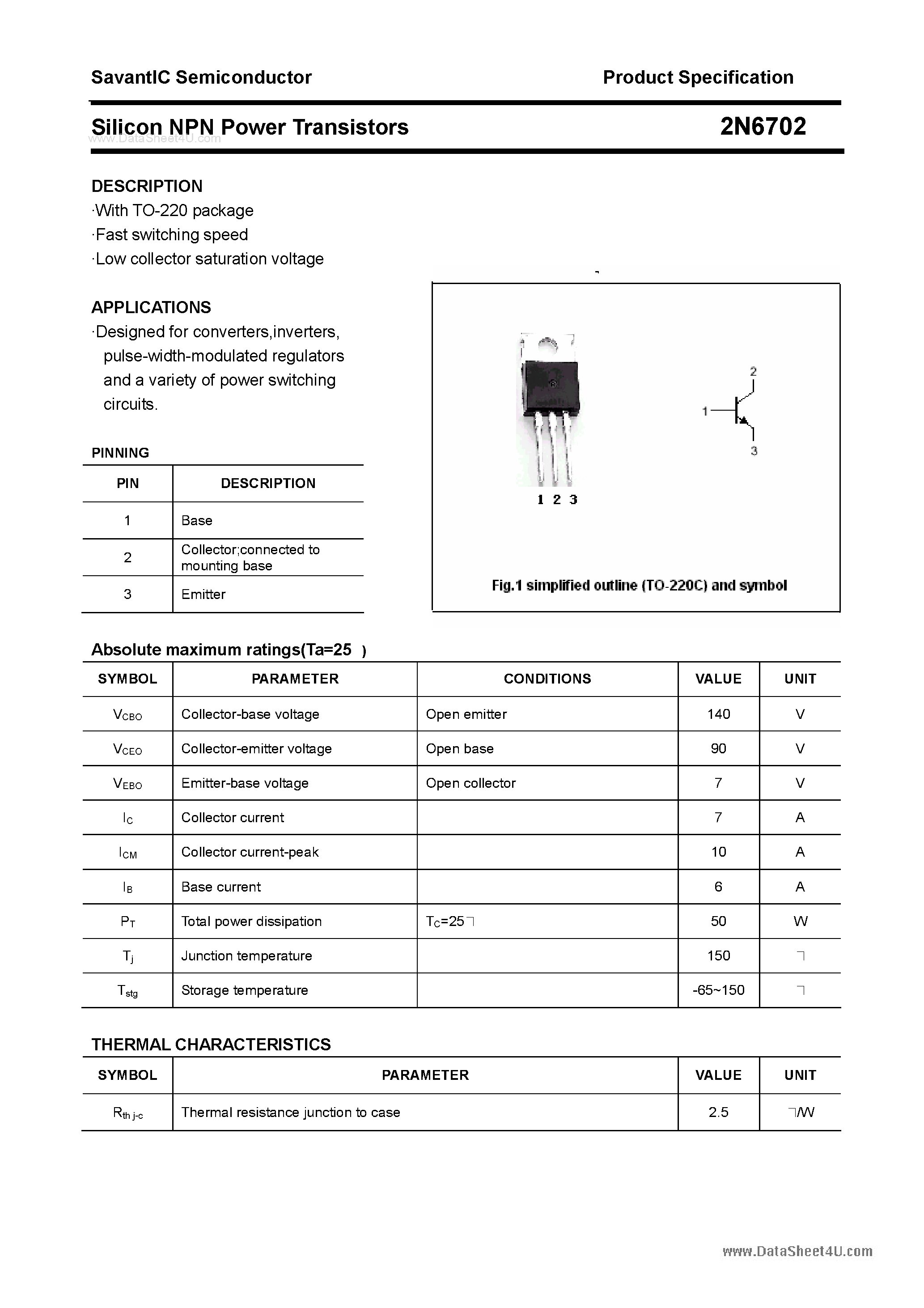 Datasheet 2N6702 - Silicon Power Transistor page 1