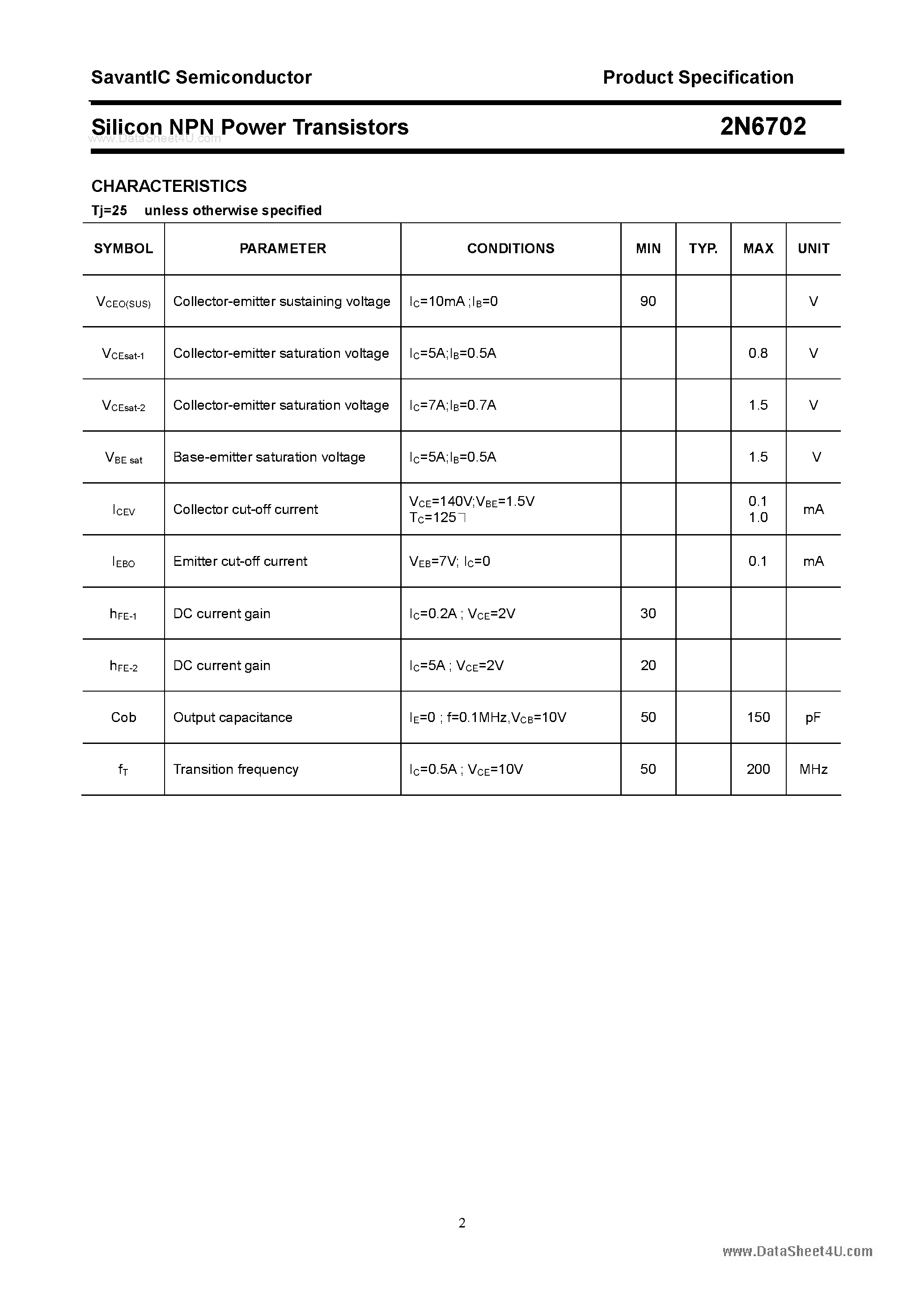 Datasheet 2N6702 - Silicon Power Transistor page 2