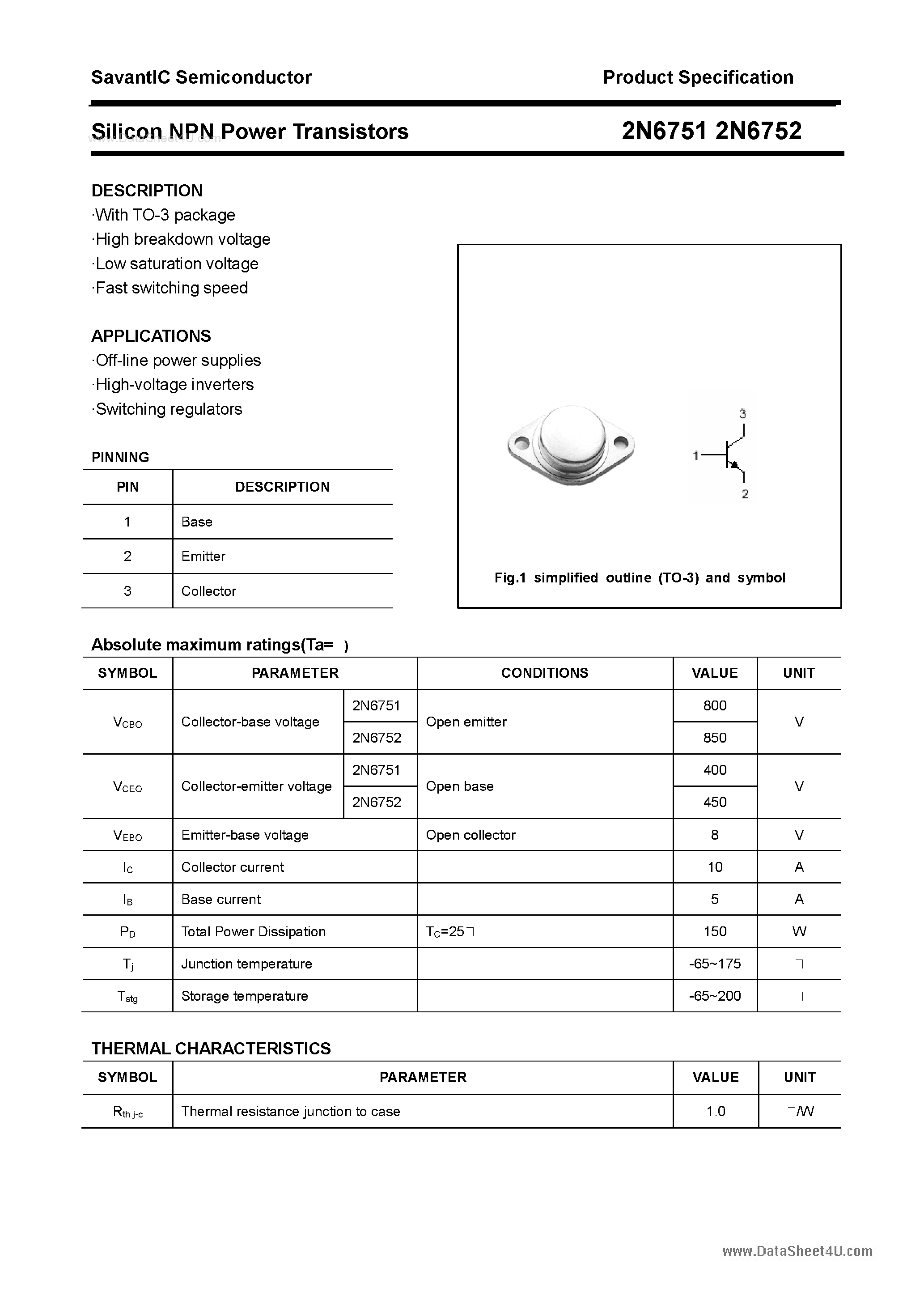 Datasheet 2N6751 - (2N6751 / 2N6752) Silicon Power Transistor page 1