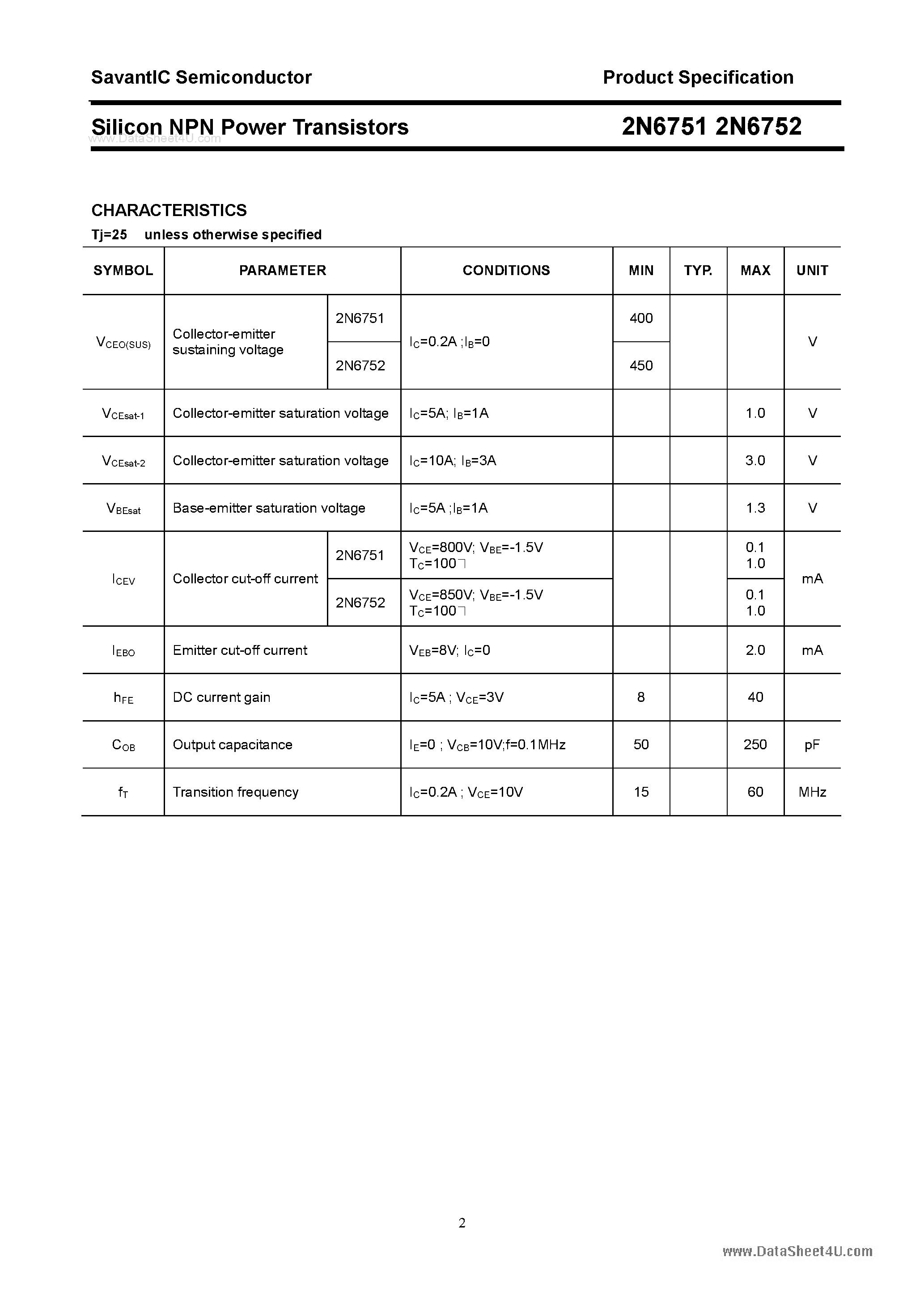 Datasheet 2N6751 - (2N6751 / 2N6752) Silicon Power Transistor page 2