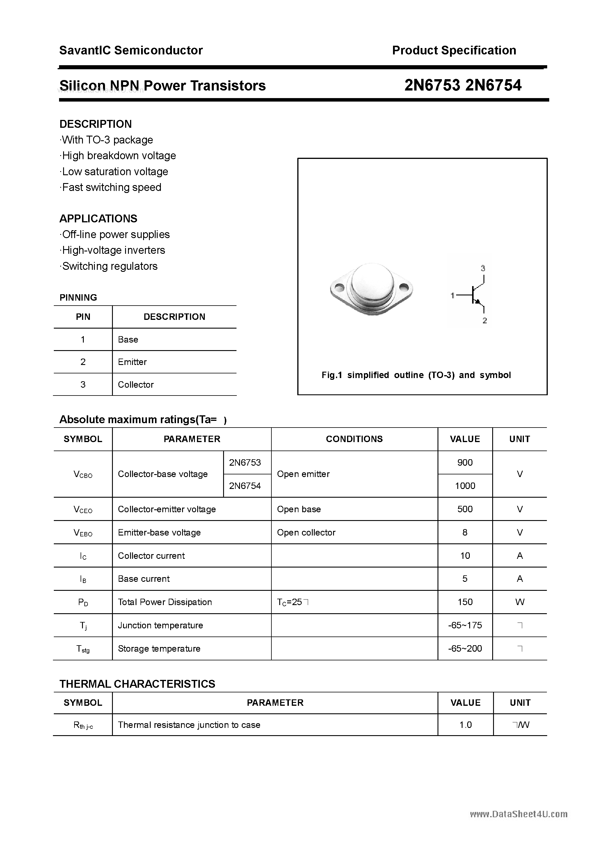 Datasheet 2N6753 - (2N6753 / 2N6754) Silicon Power Transistor page 1