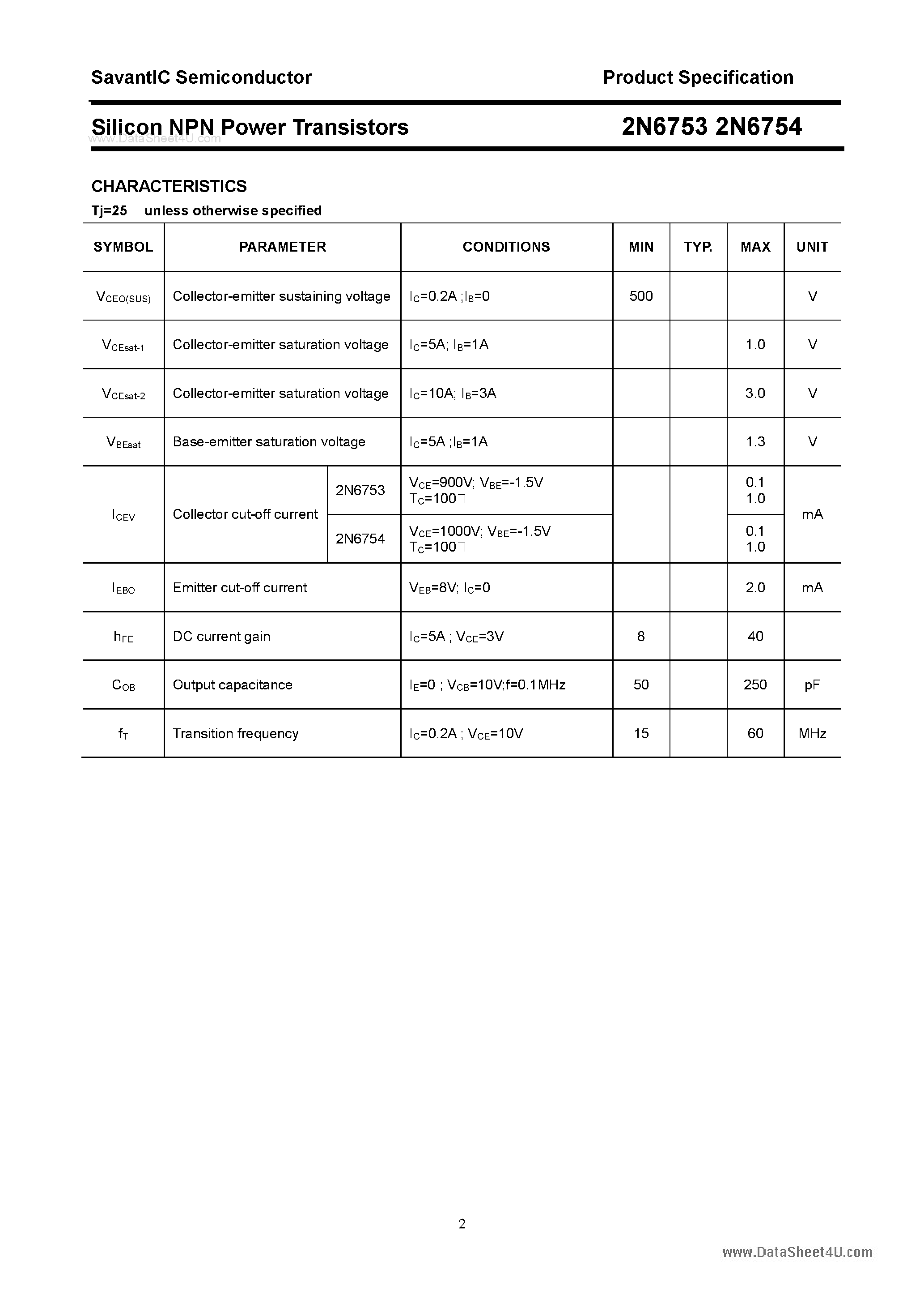 Datasheet 2N6753 - (2N6753 / 2N6754) Silicon Power Transistor page 2
