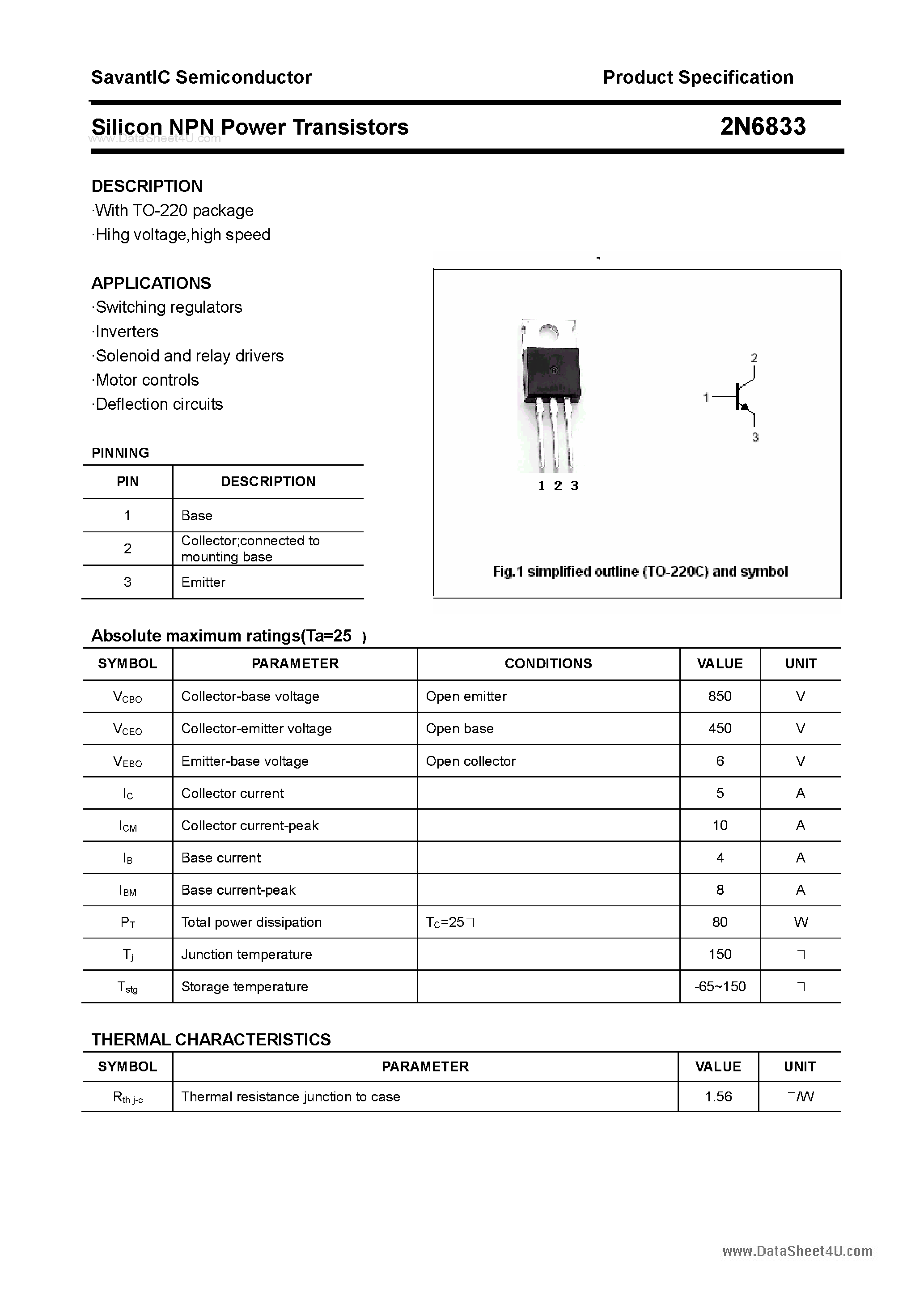 Datasheet 2N6833 - Silicon Power Transistor page 1