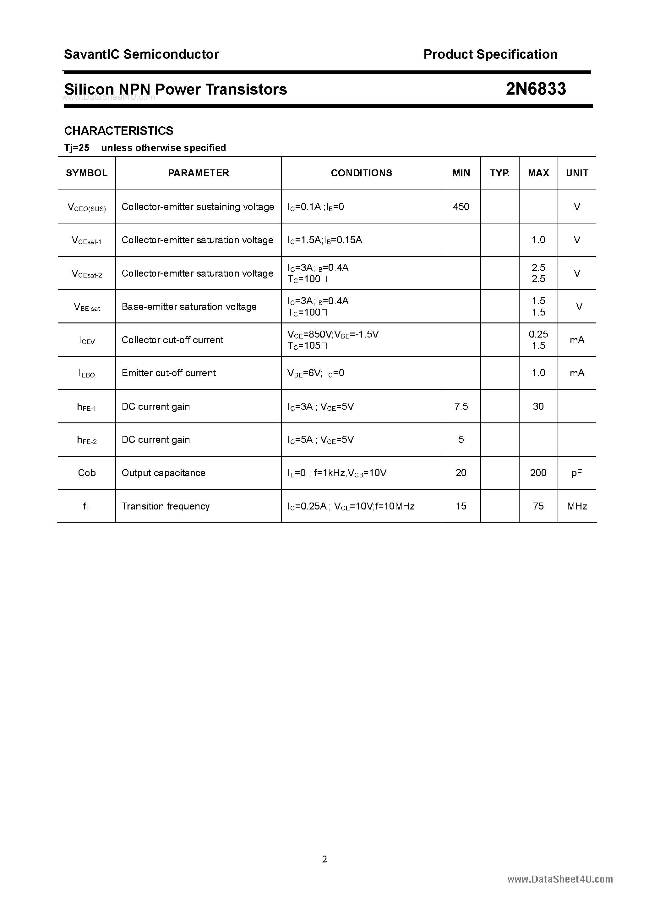 Datasheet 2N6833 - Silicon Power Transistor page 2