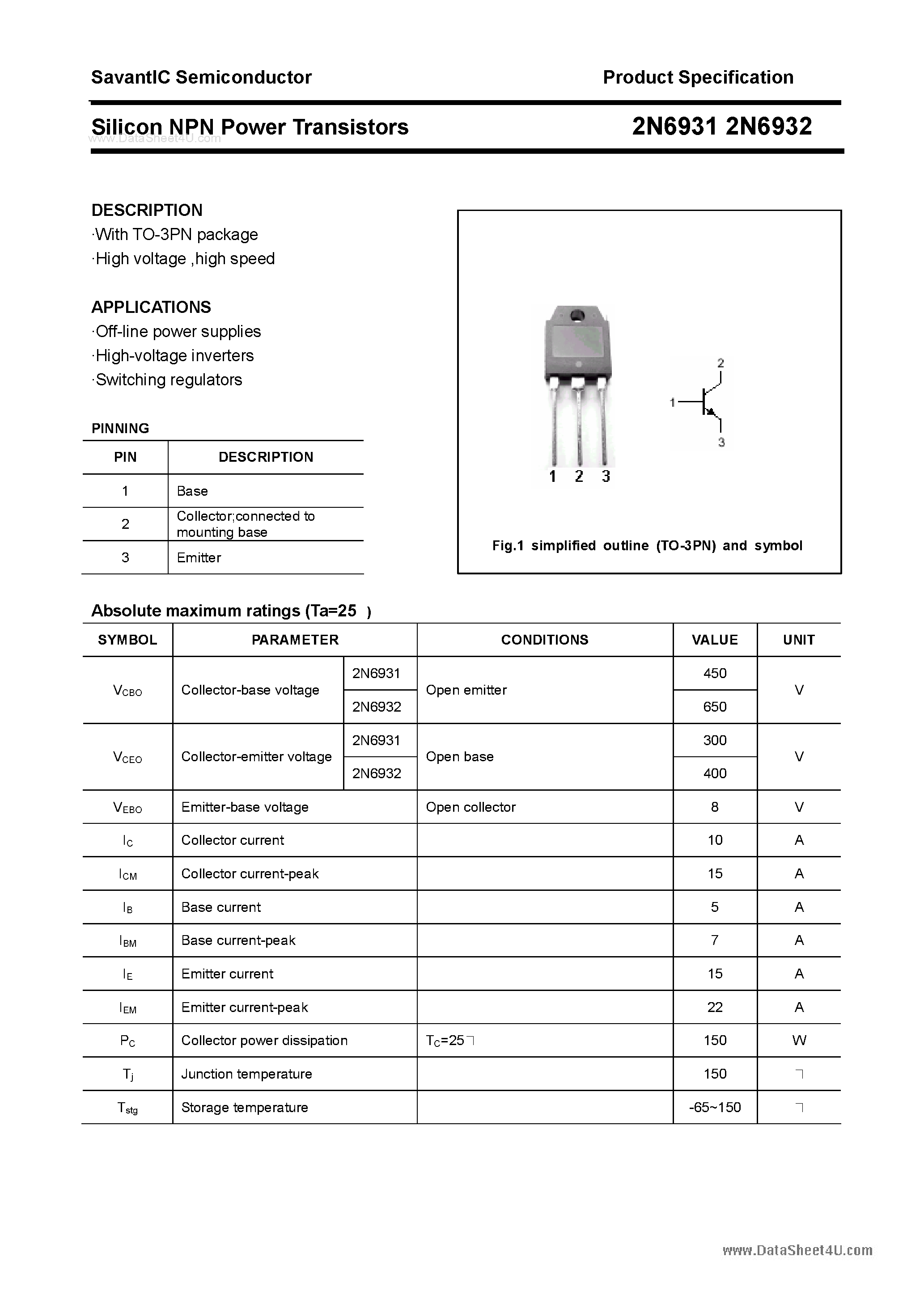 Datasheet 2N6931 - (2N6931 / 2N6932) Silicon Power Transistor page 1