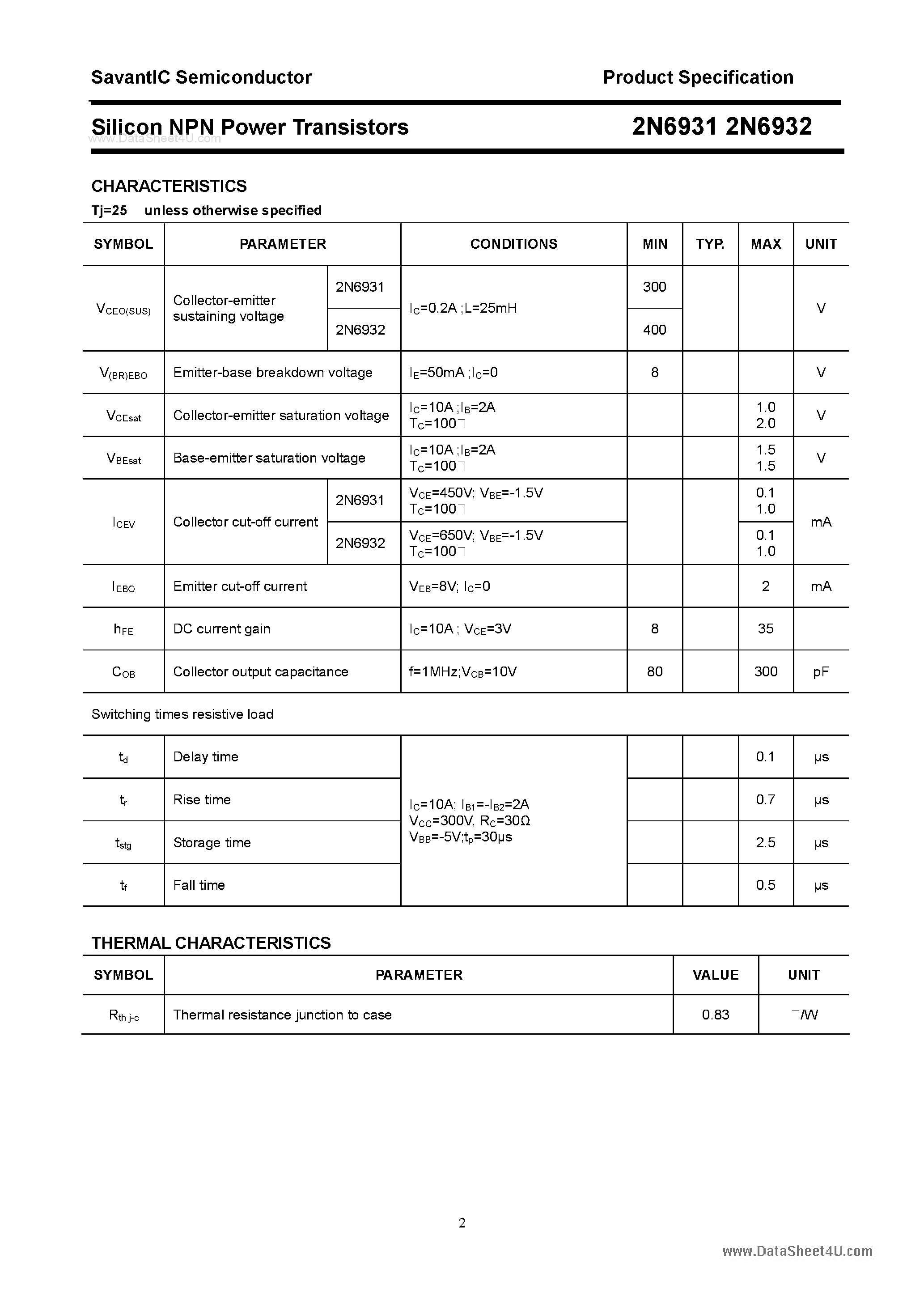 Datasheet 2N6931 - (2N6931 / 2N6932) Silicon Power Transistor page 2