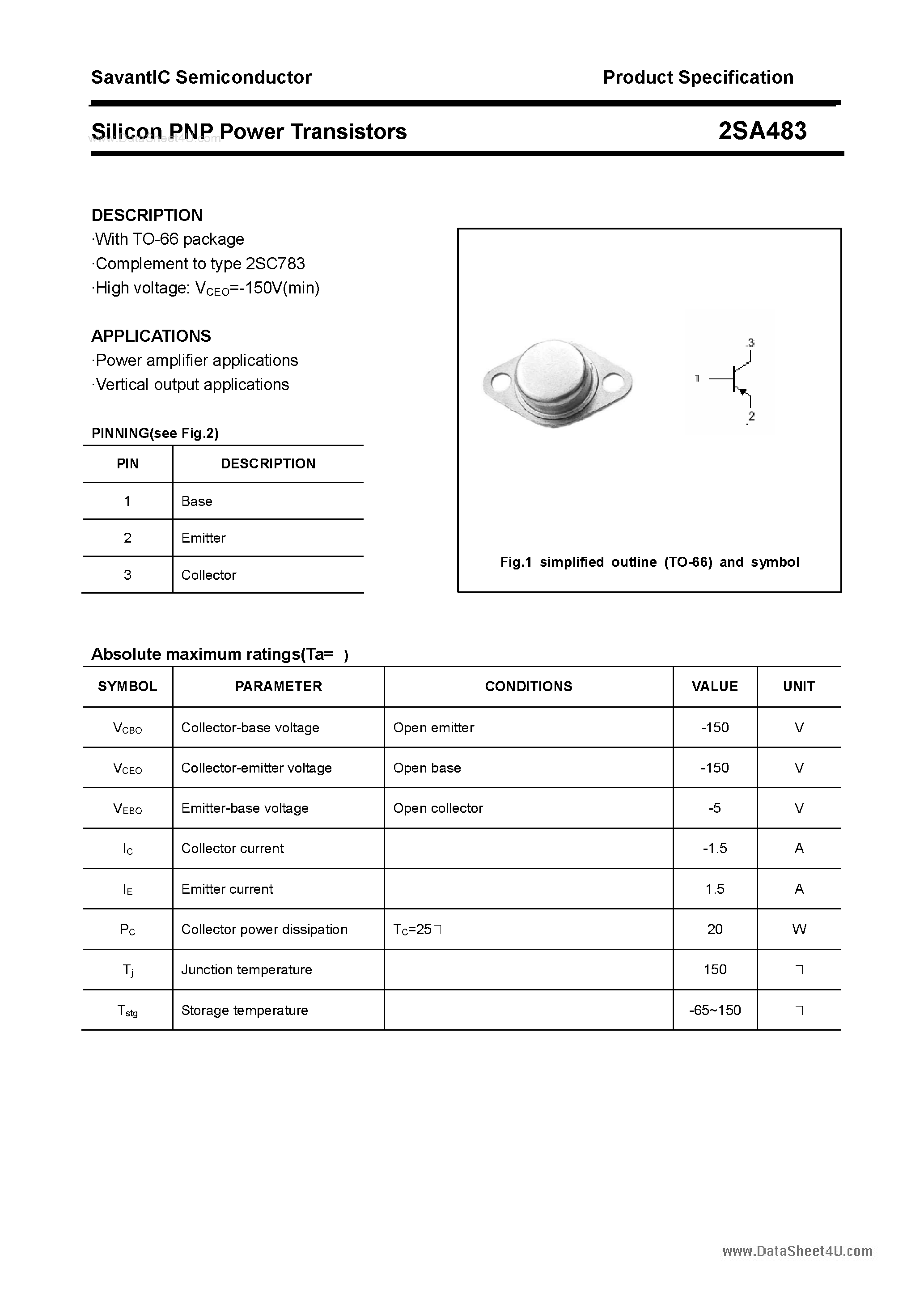 Datasheet 2SA483 - Silicon Power Transistor page 1