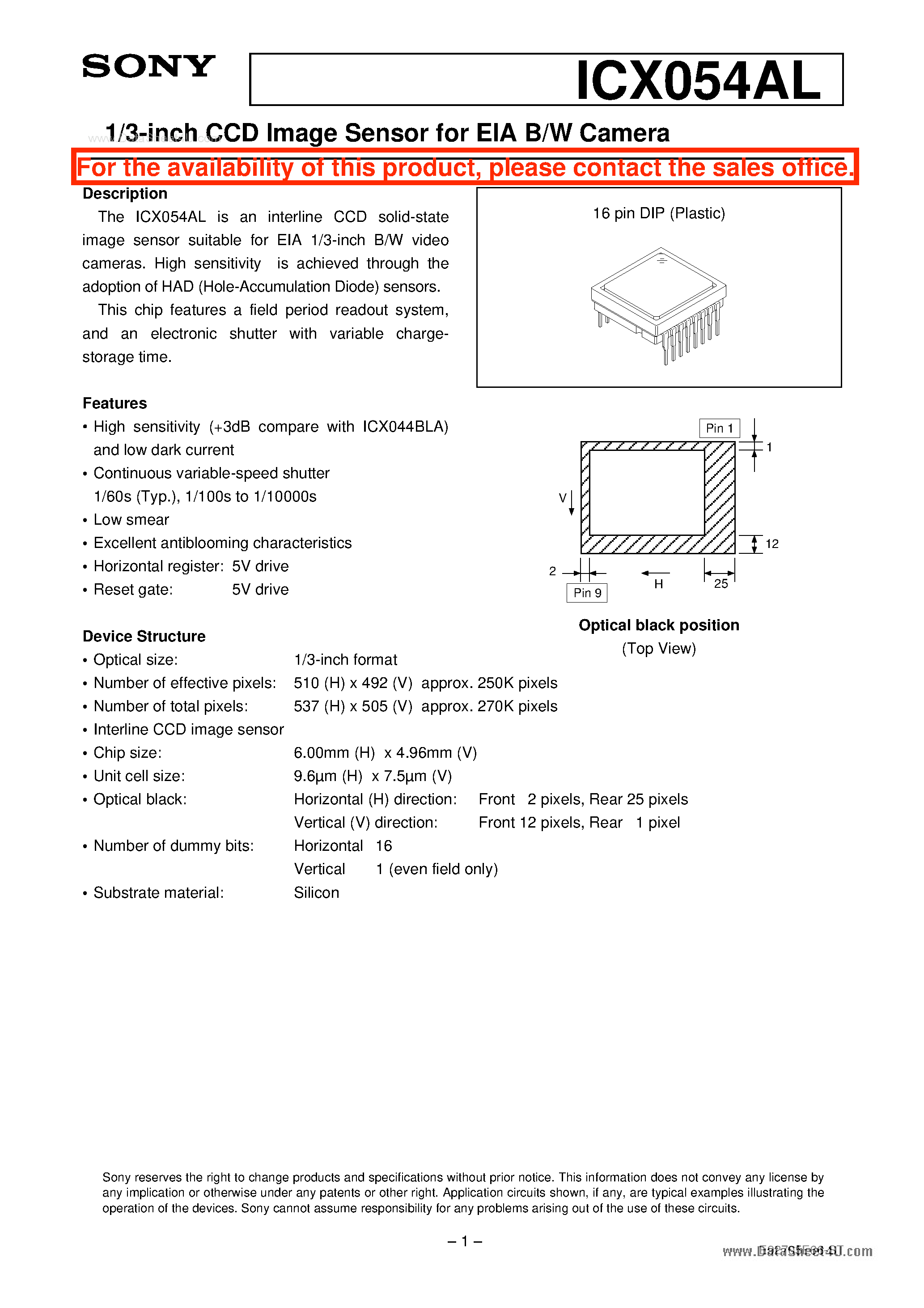 Даташит ICX054AL - 1/3-inch CCD Image Sensor страница 1