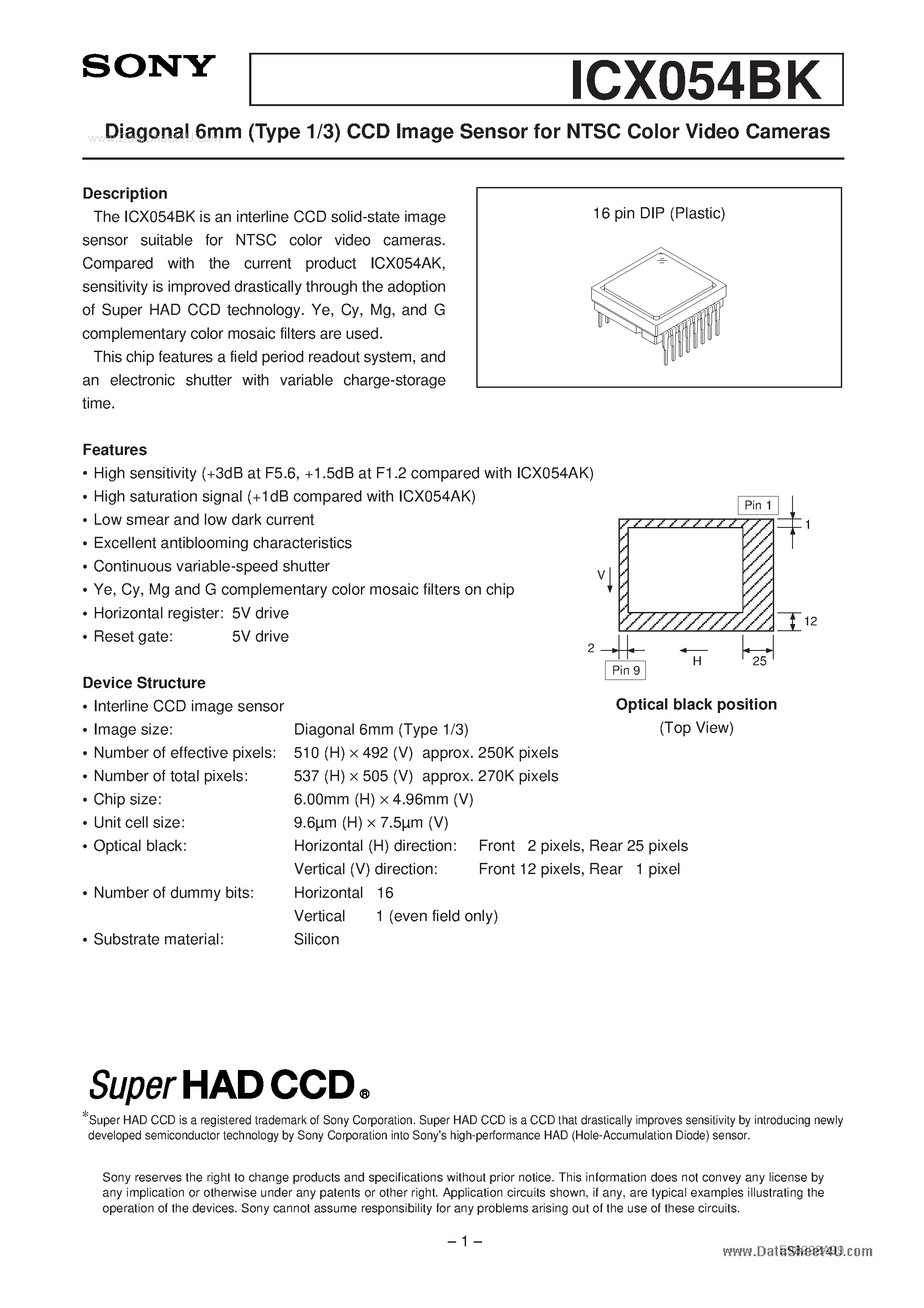 Даташит ICX054BK - Diagonal 6mm (Type 1/3) CCD Image Sensor страница 1