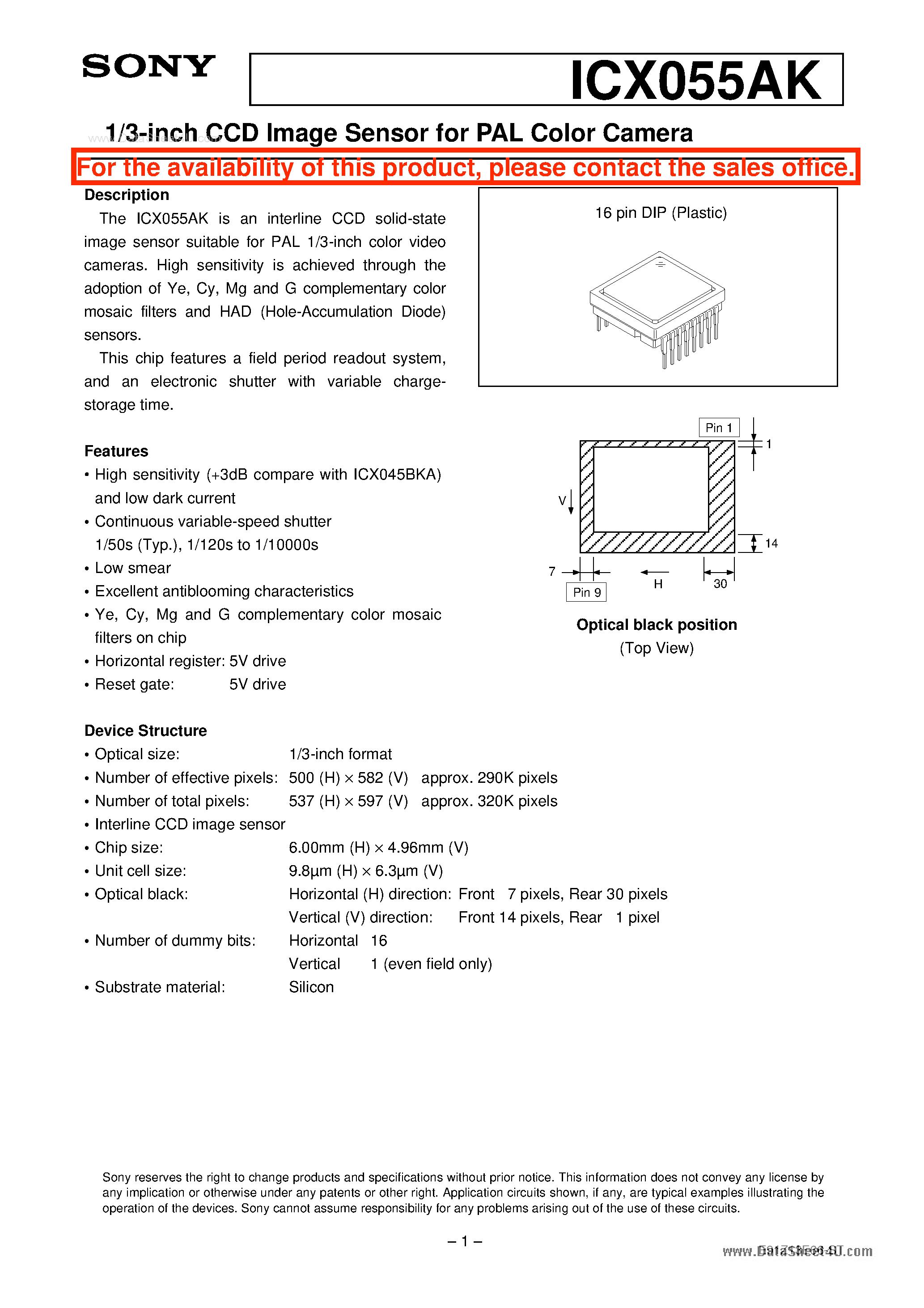 Даташит ICX055AK - 1/3-inch CCD Image Sensor страница 1