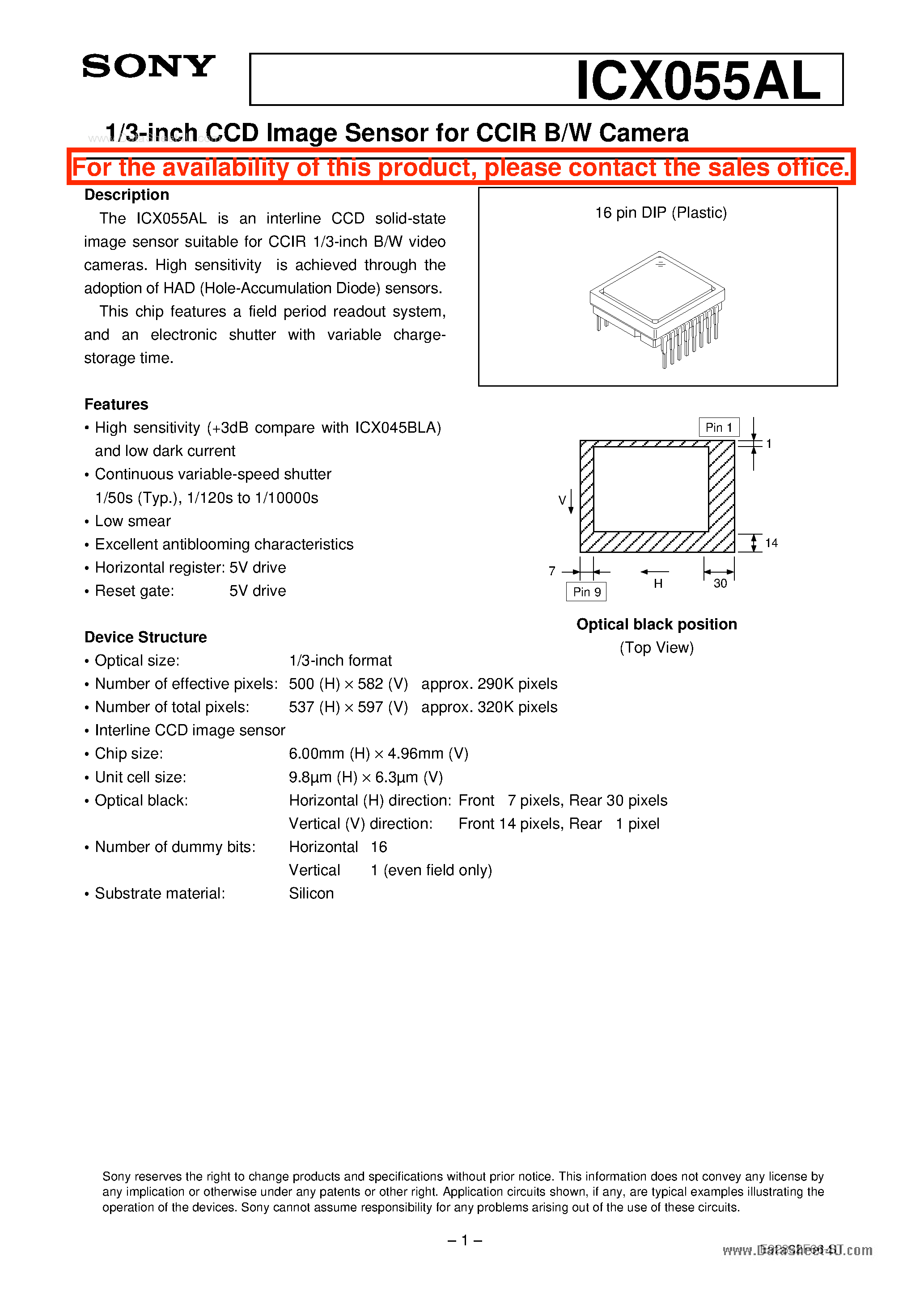 Даташит ICX055AL - 1/3-inch CCD Image Sensor страница 1