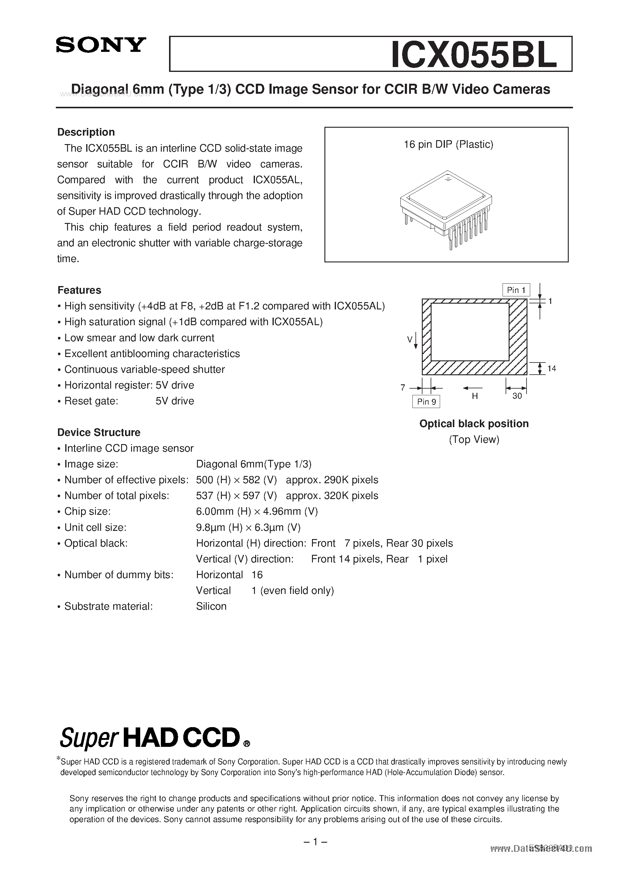 Даташит ICX055BL - Diagonal 6mm (Type 1/3) CCD Image Sensor страница 1