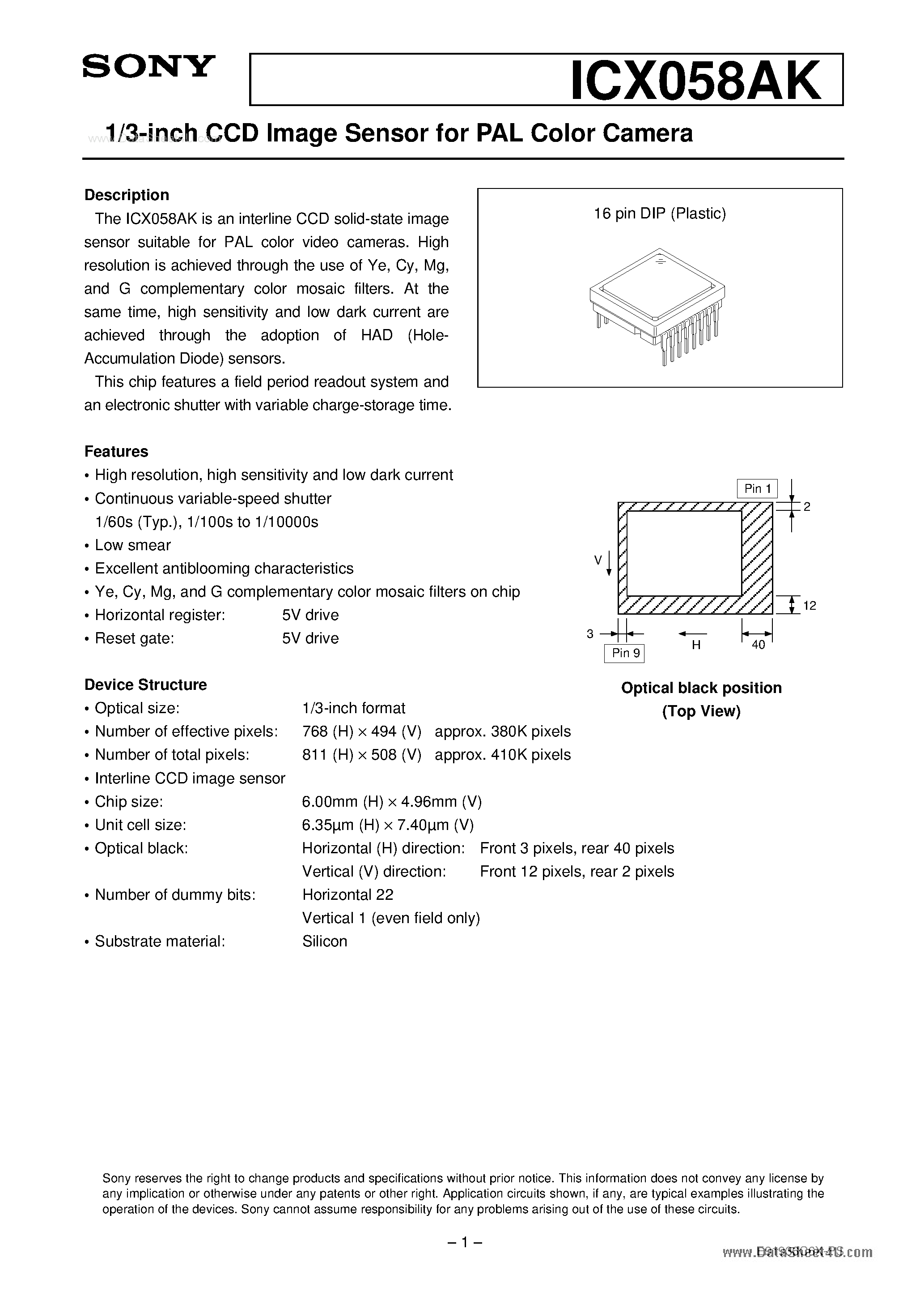 Даташит ICX058AK - 1/3-inch CCD Image Sensor страница 1