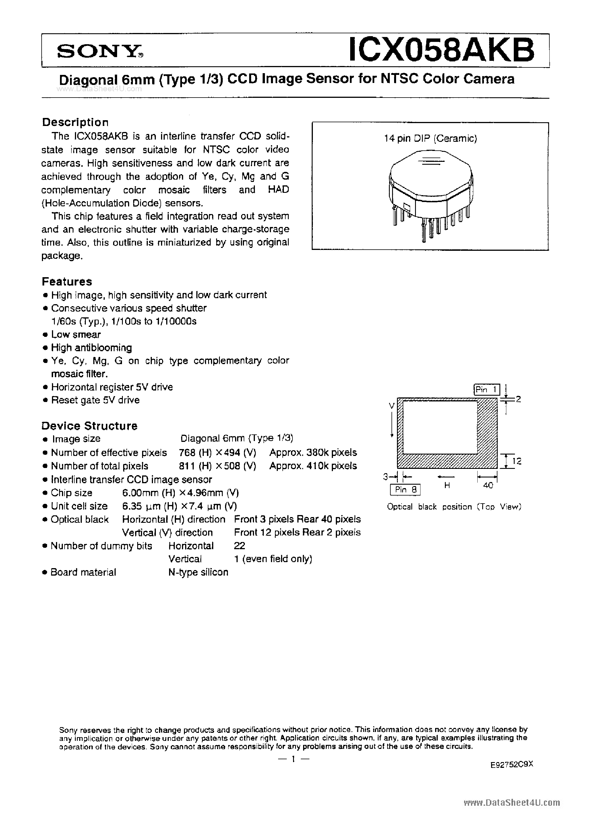 Даташит ICX058AKB - Diagonal 6mm (Type 1/3) CCD Image Sensor страница 1
