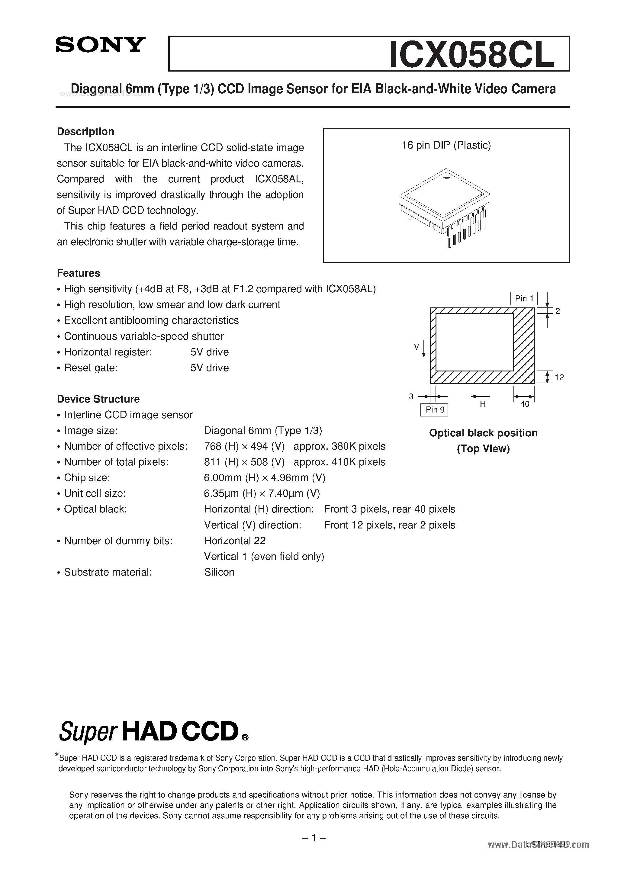 Даташит ICX058CL - Diagonal 6mm (Type 1/3) CCD Image Sensor страница 1