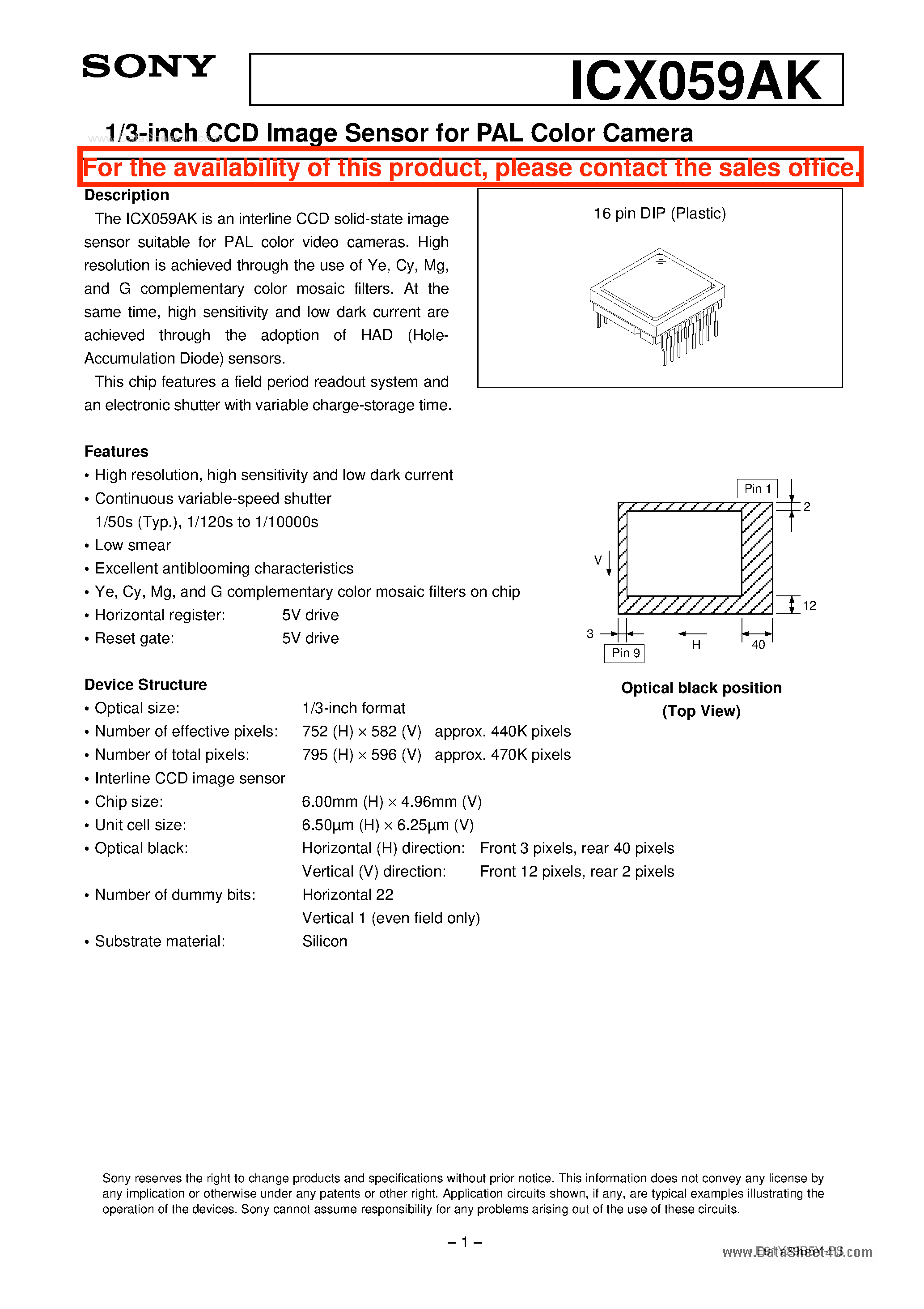 Даташит ICX059AK - 1/3-inch CCD Image Sensor страница 1