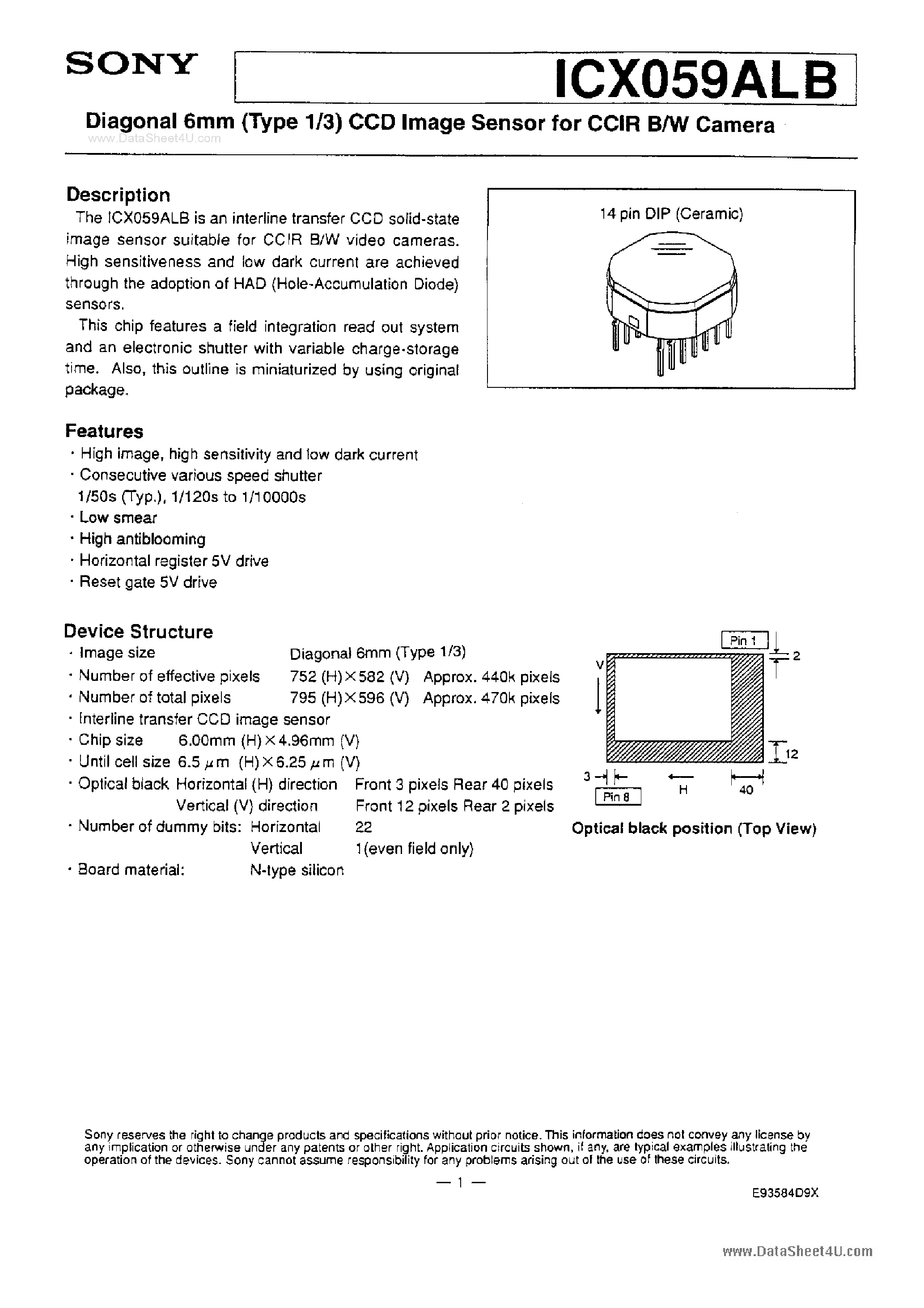 Даташит ICX059ALB - Diagonal 6mm (Type 1/3) CCD Image Sensor страница 1
