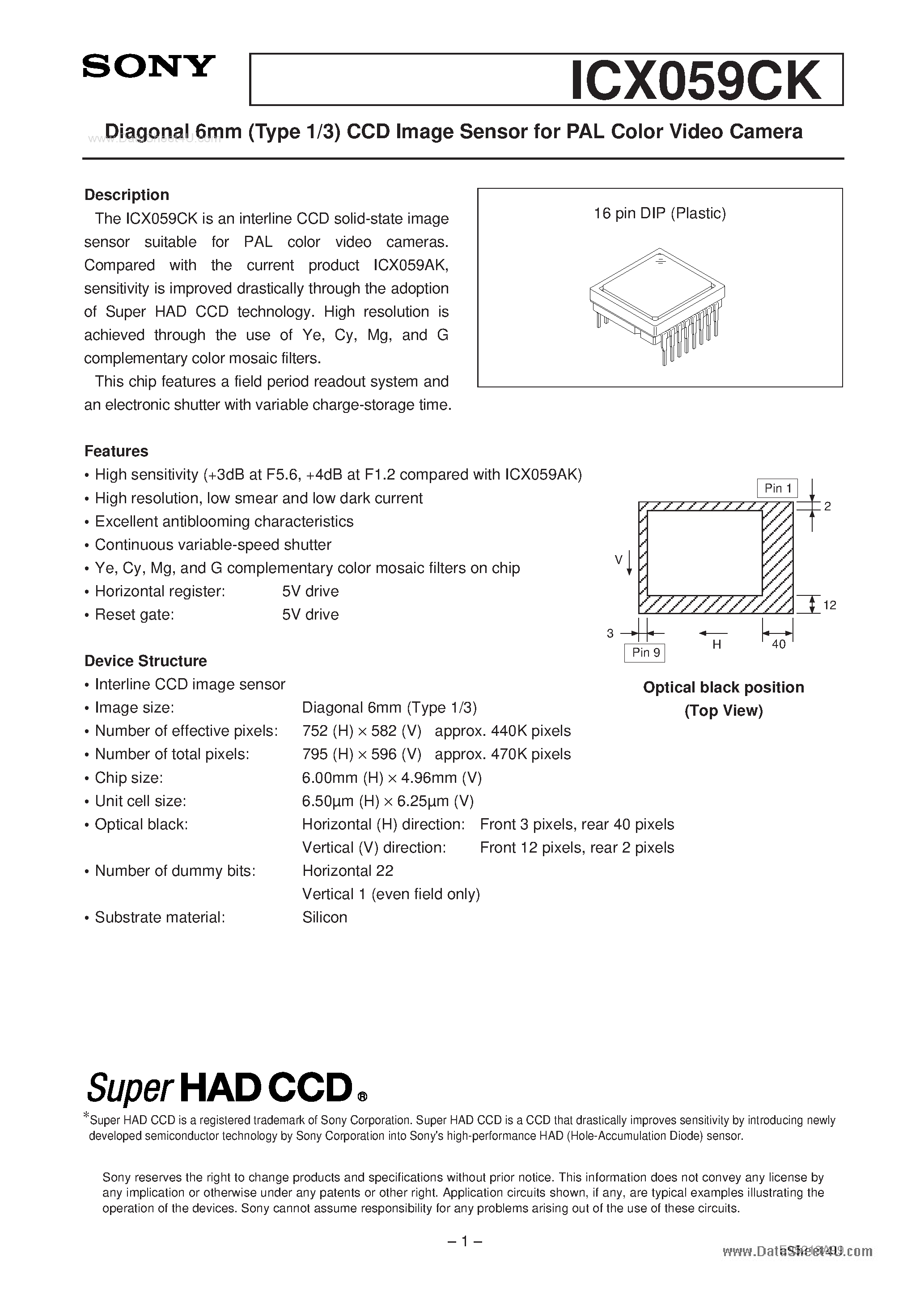 Даташит ICX059CK - Diagonal 6mm (Type 1/3) CCD Image Sensor страница 1