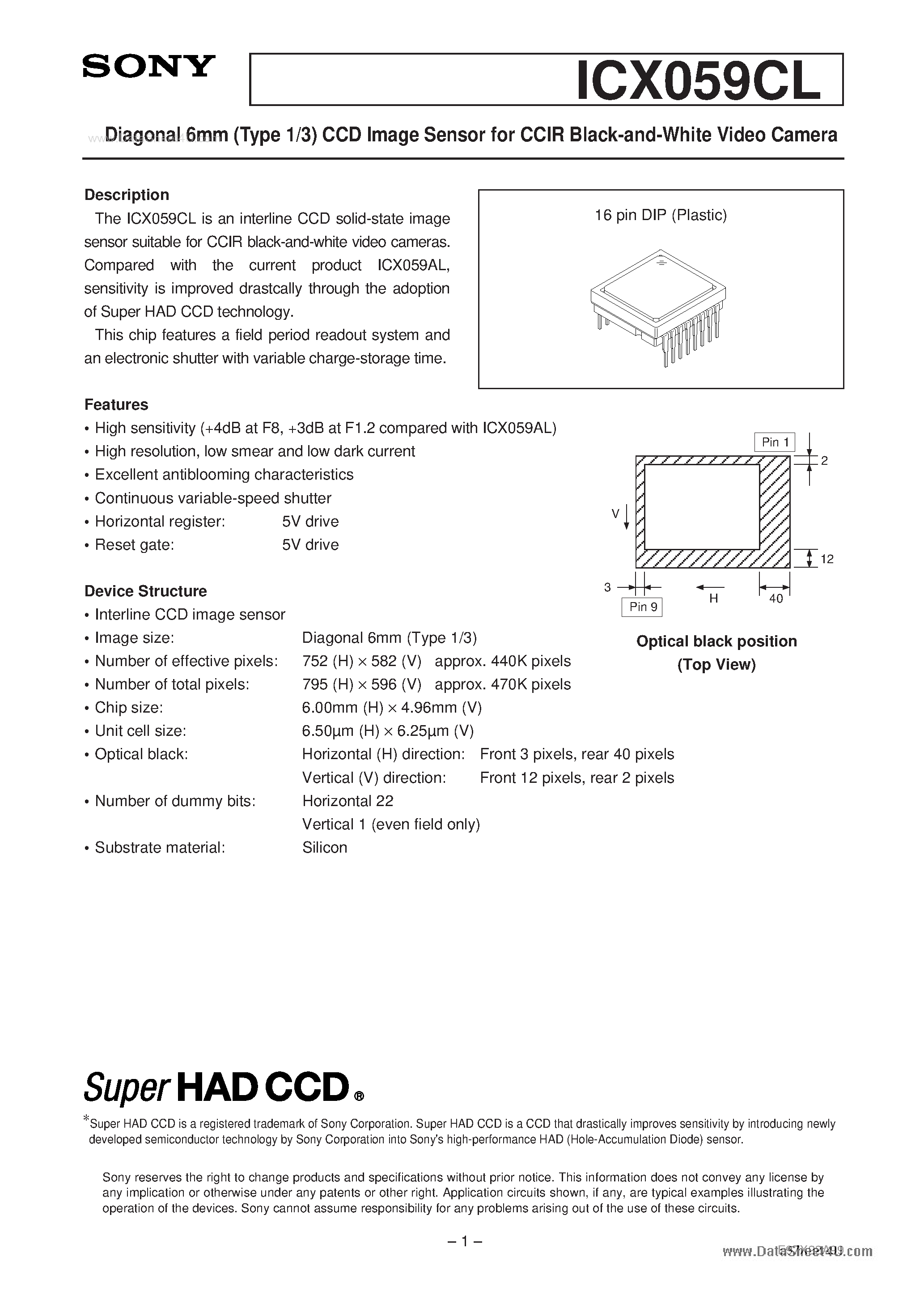 Даташит ICX059CL - Diagonal 6mm (Type 1/3) CCD Image Sensor страница 1