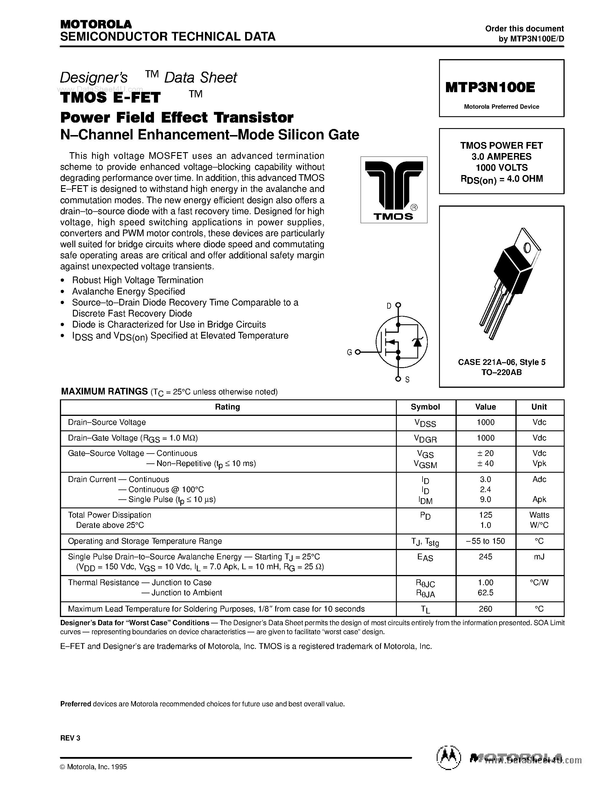 Datasheet MTP3N100E - TMOS POWER FET 3.0 AMPERES 1000 VOLTS page 1