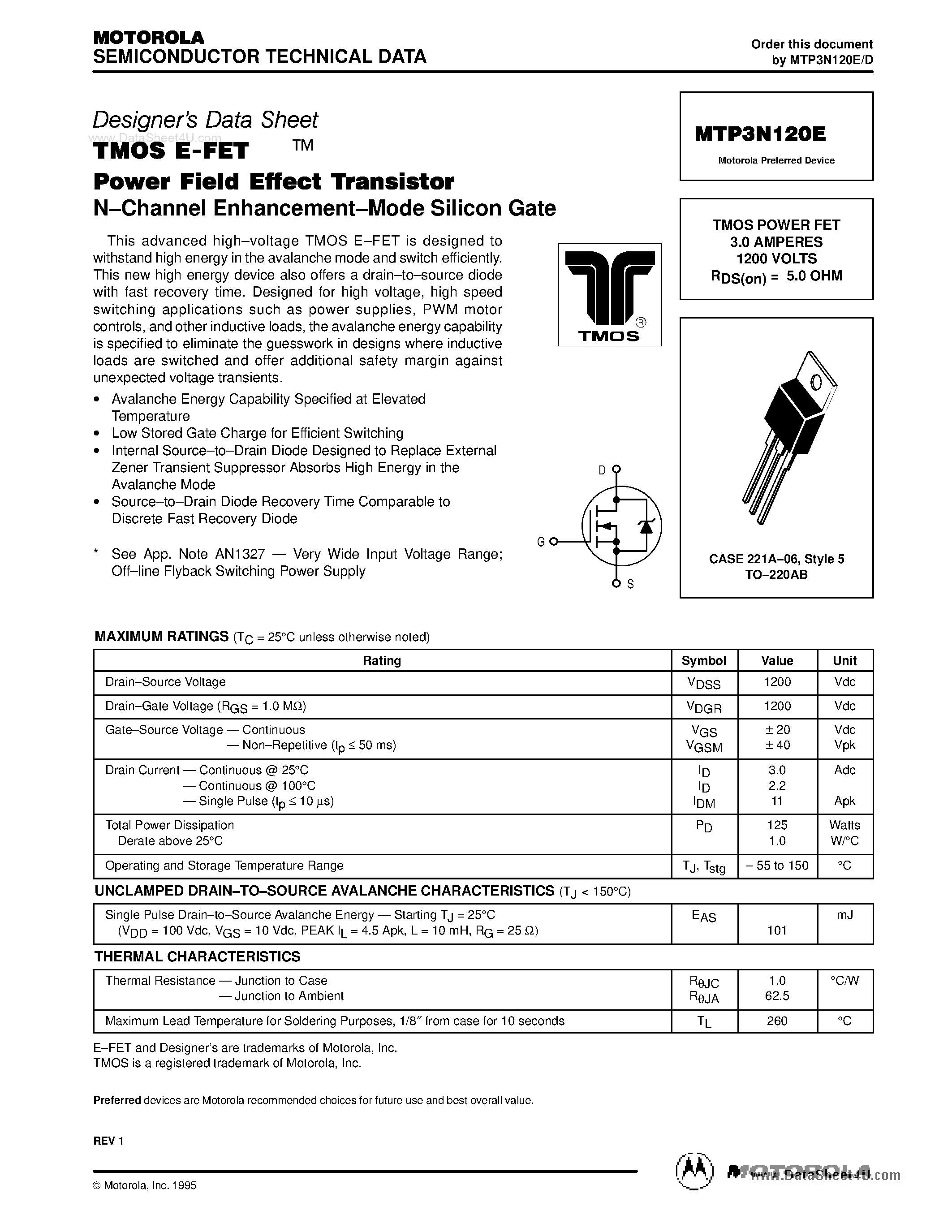 Datasheet MTP3N120E - TMOS POWER FET 3.0 AMPERES 1000 VOLTS page 1