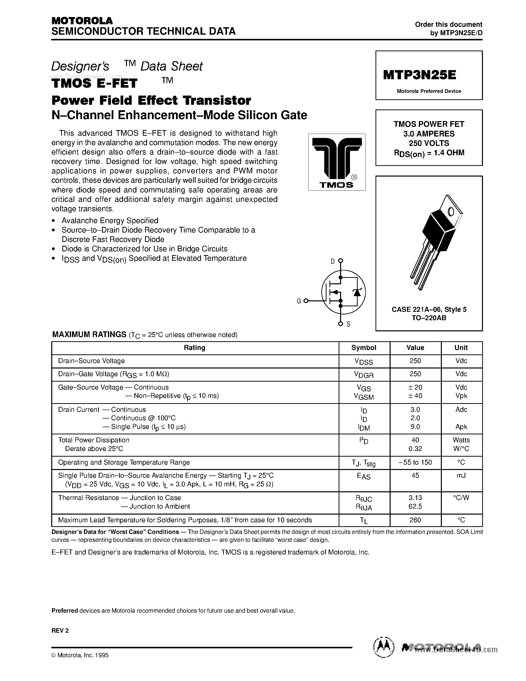 Datasheet MTP3N25E - TMOS POWER FET 3.0 AMPERES 250 VOLTS page 1