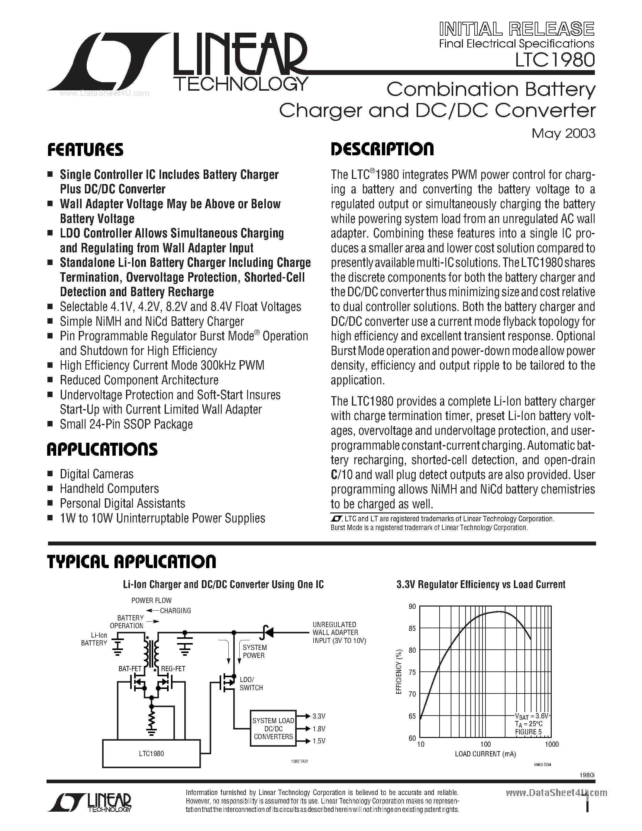 Datasheet LTC1980 - Combination Battery Charger and DC/DC Converter page 1