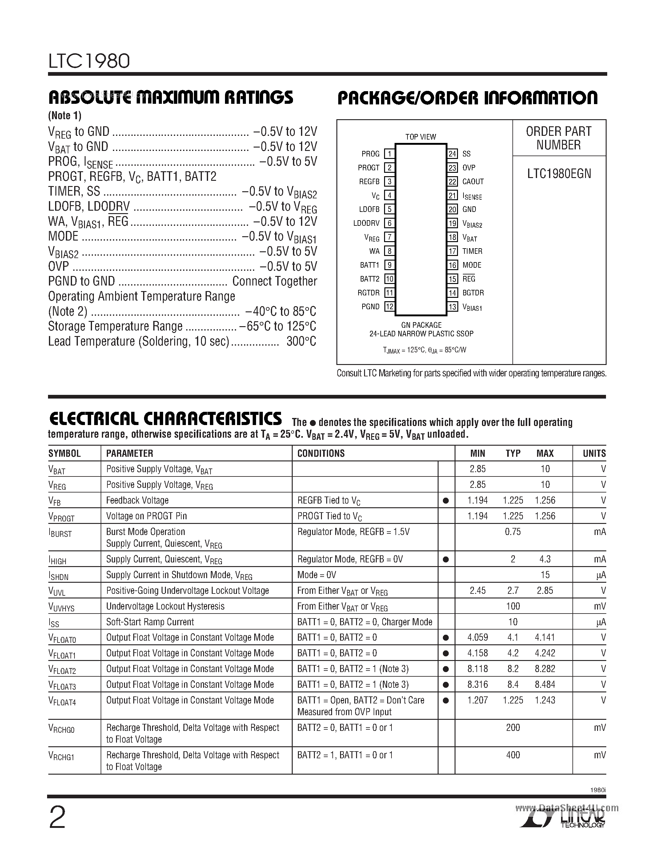 Datasheet LTC1980 - Combination Battery Charger and DC/DC Converter page 2