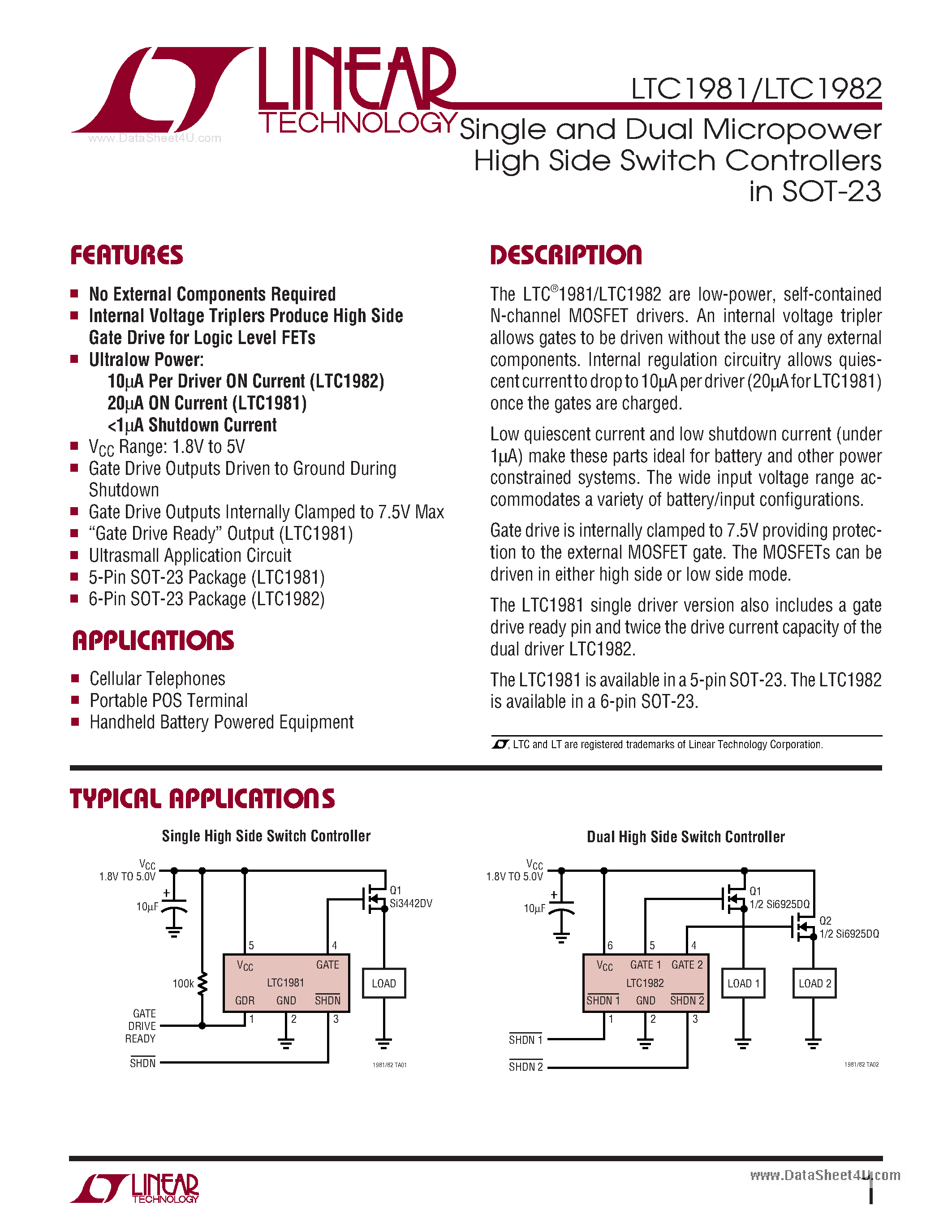 Datasheet LTC1981 page 1 Datasheet LTC1981 - (LTC1981 / LTC1982) Single and Dual Micropower High Side Switch Controllers page 1