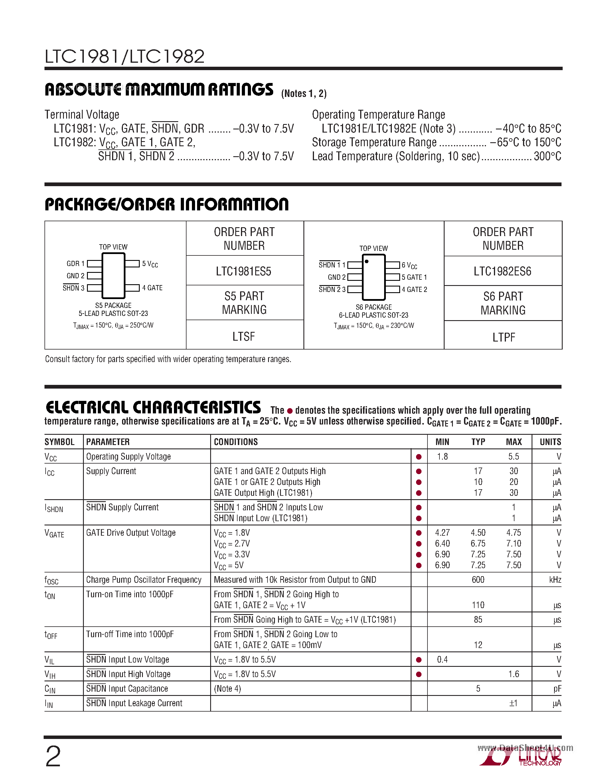 Datasheet LTC1981 page 2 Datasheet LTC1981 - (LTC1981 / LTC1982) Single and Dual Micropower High Side Switch Controllers page 2