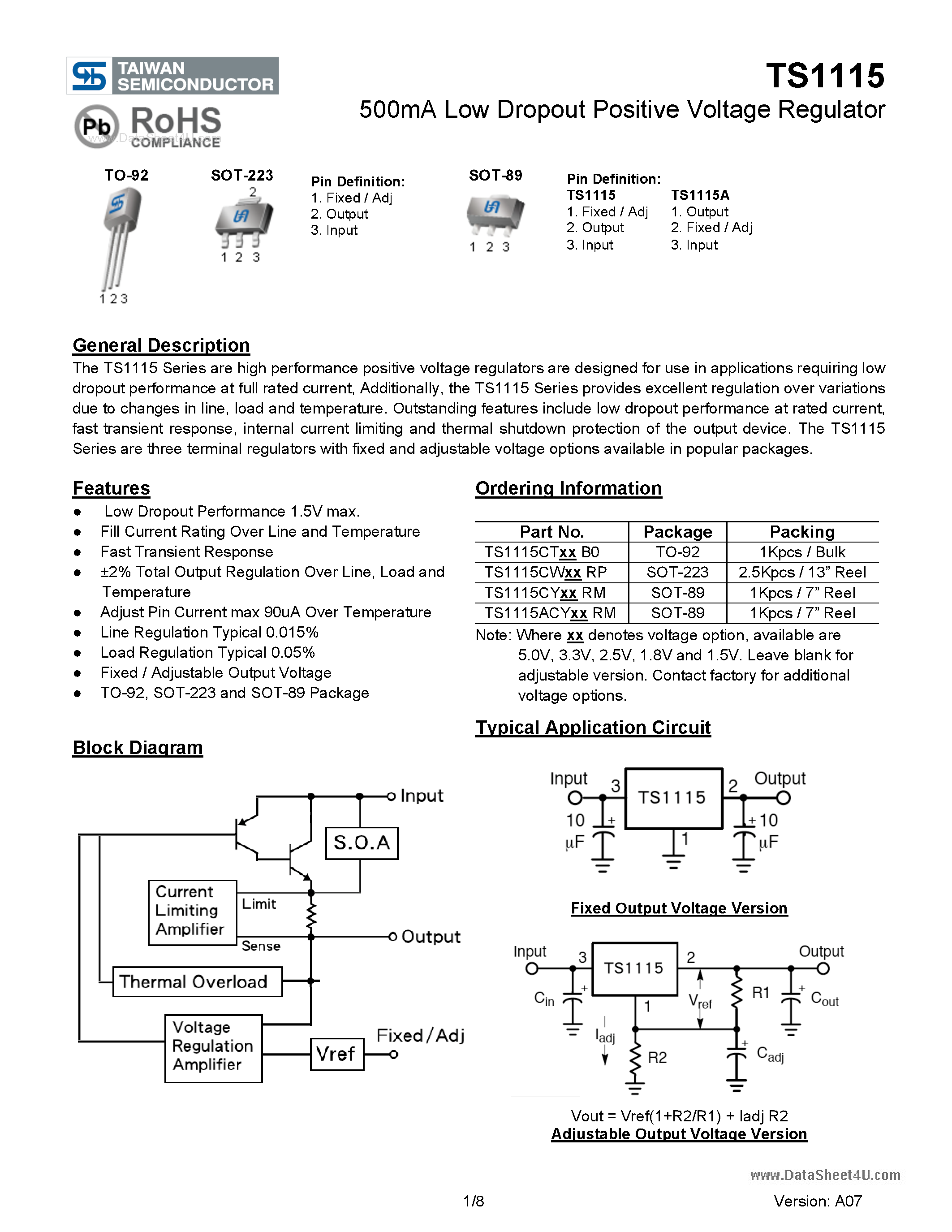 Даташит TS1115 - 500mA Low Dropout Positive Voltage Regulator страница 1