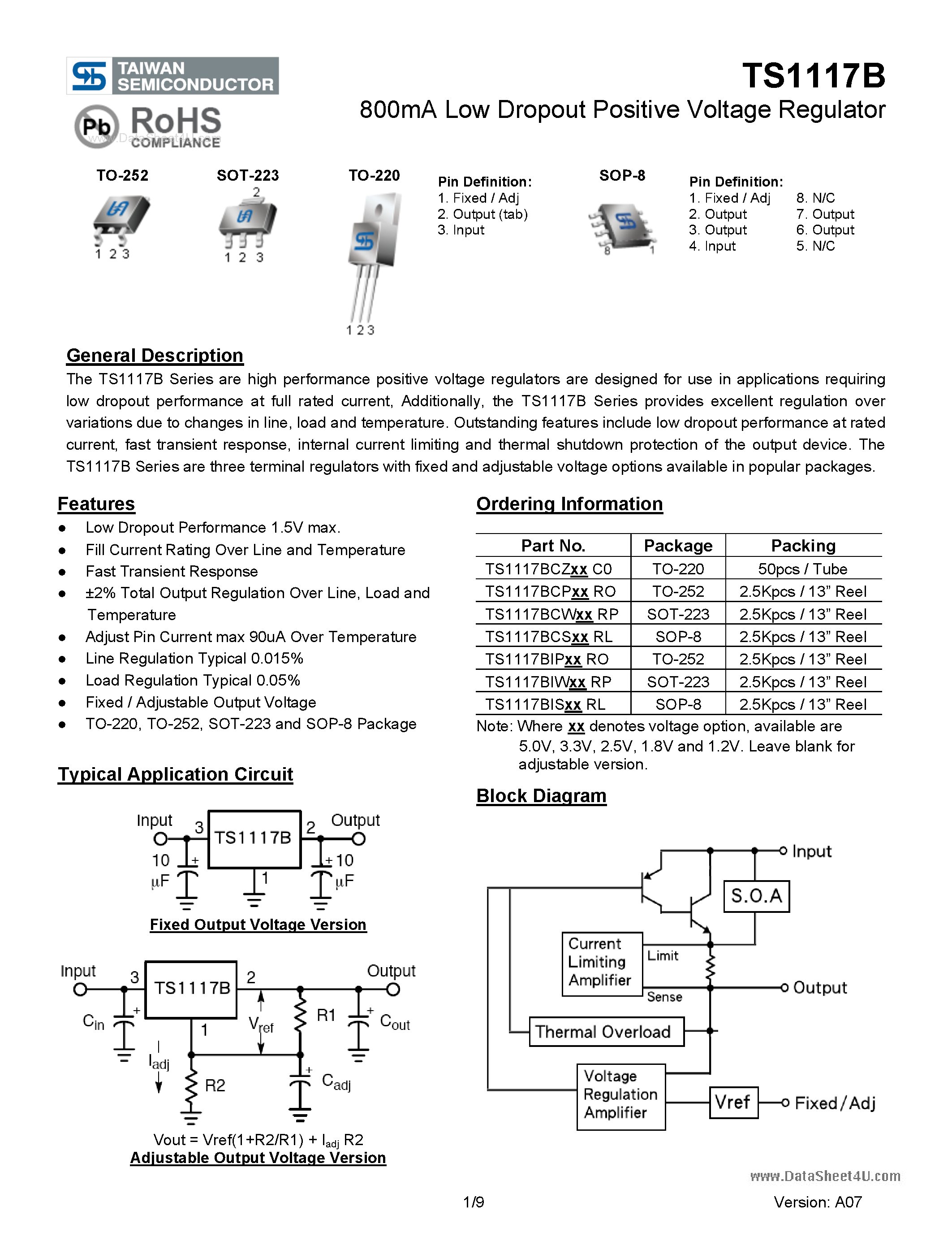 Даташит TS1117B - 800mA Low Dropout Positive Voltage Regulator страница 1