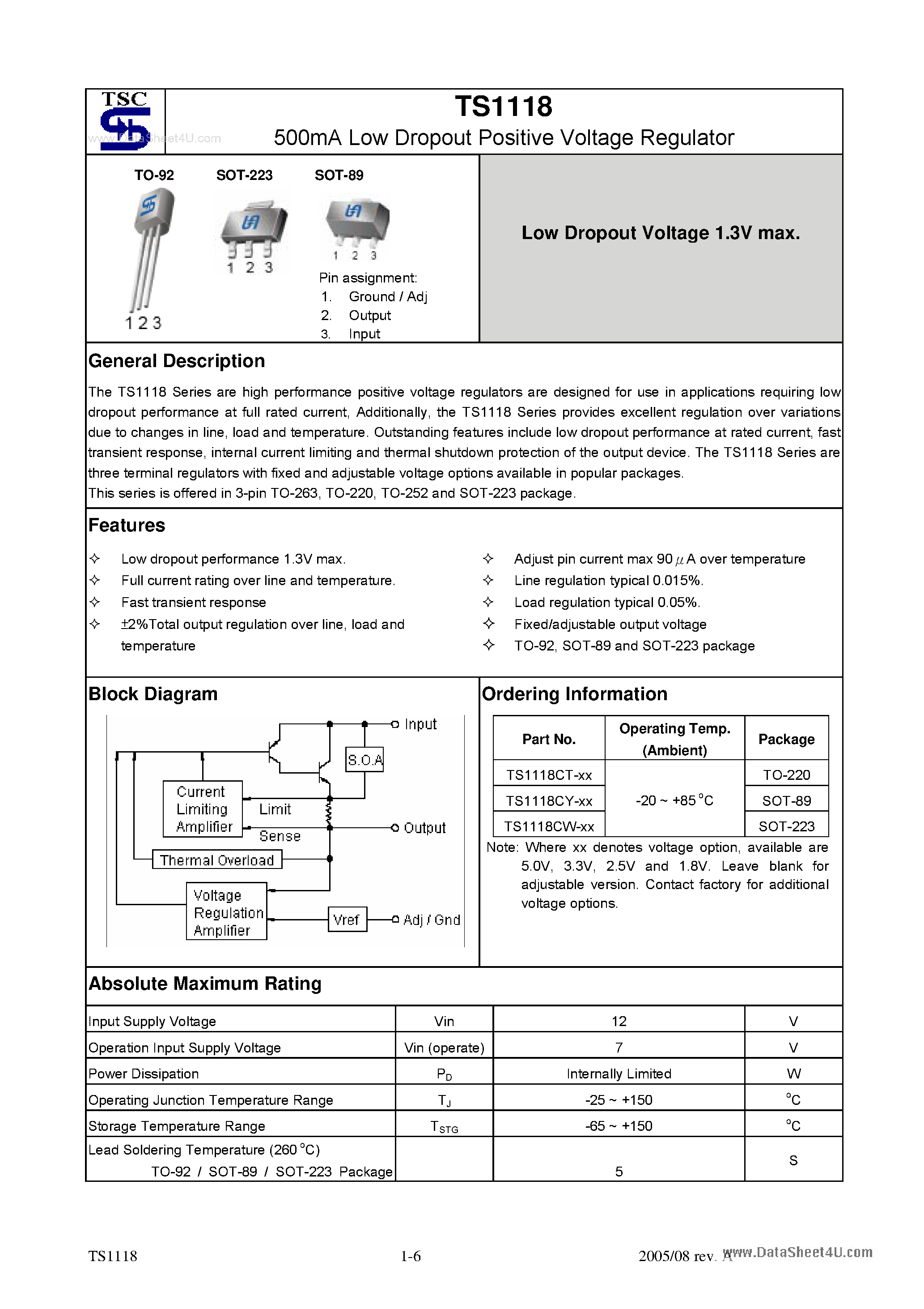 Datasheet TS1118 page 1 Datasheet TS1118 - 500mA Low Dropout Positive Voltage Regulator page 1