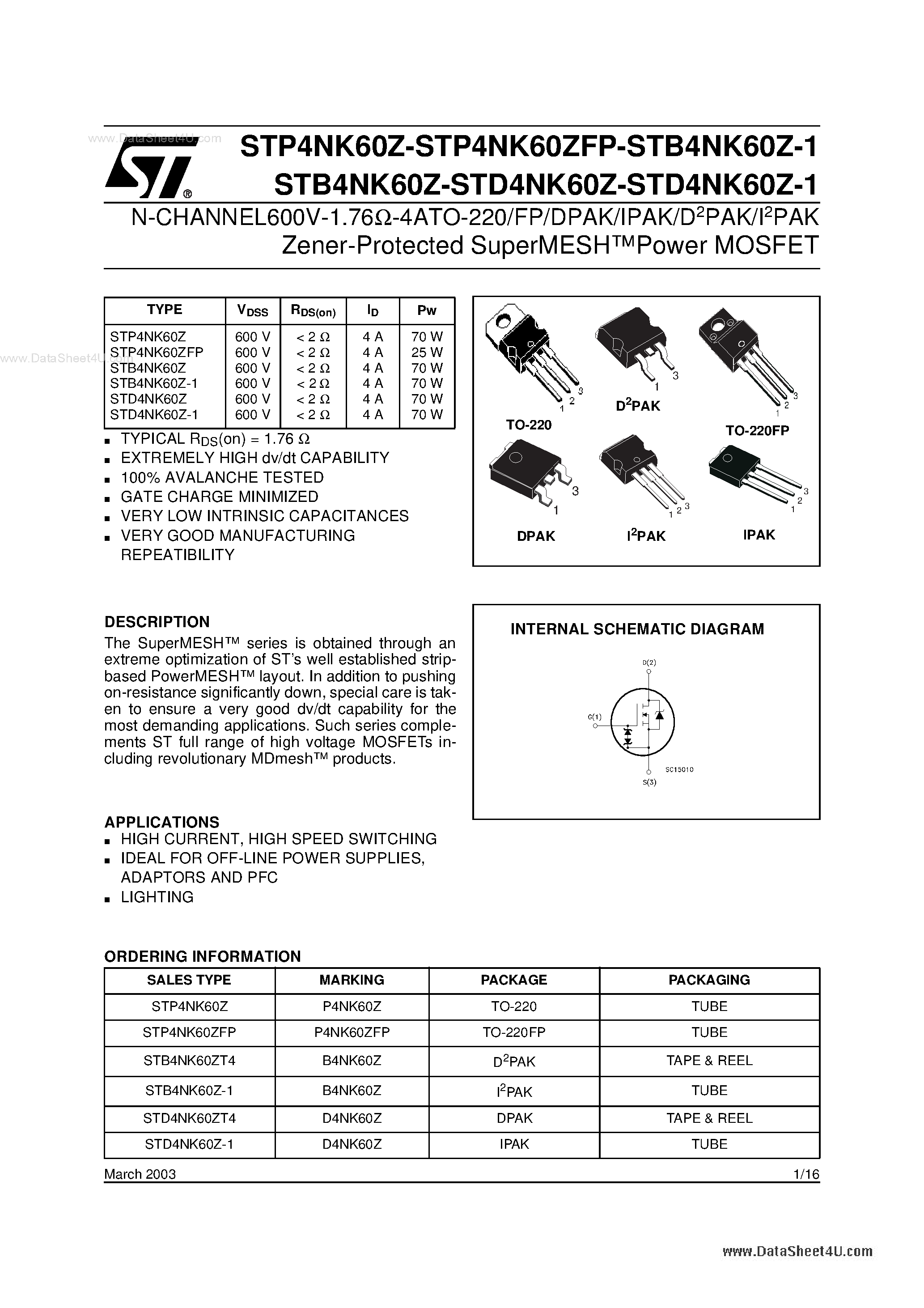 Datasheet P4NK60Z page 1 Datasheet P4NK60Z - Search -----> STP4NK60Z page 1