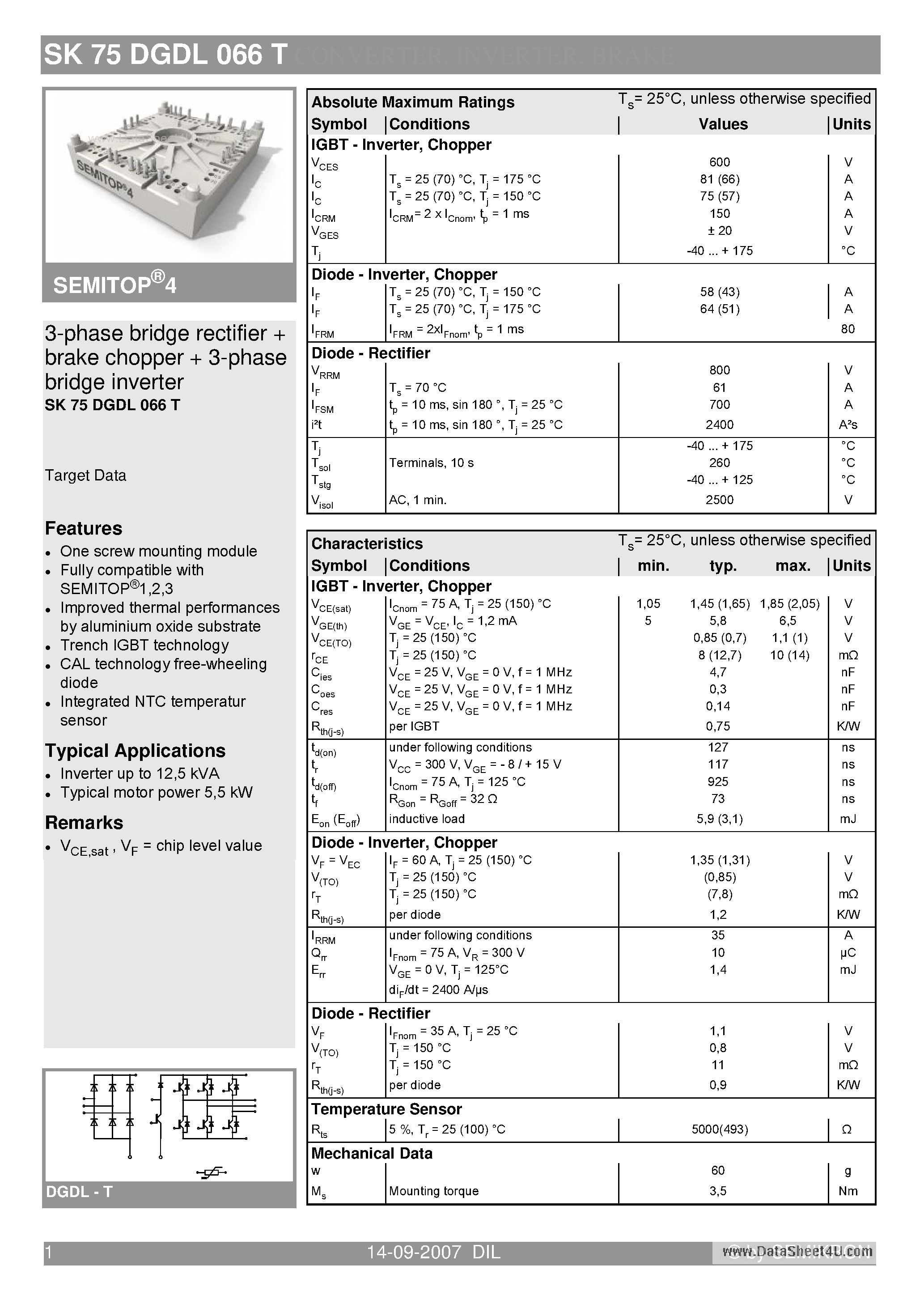 Datasheet SK75DGDL066T - 3-phase bridge rectifier brake chopper 3-phase bridge inverter page 1
