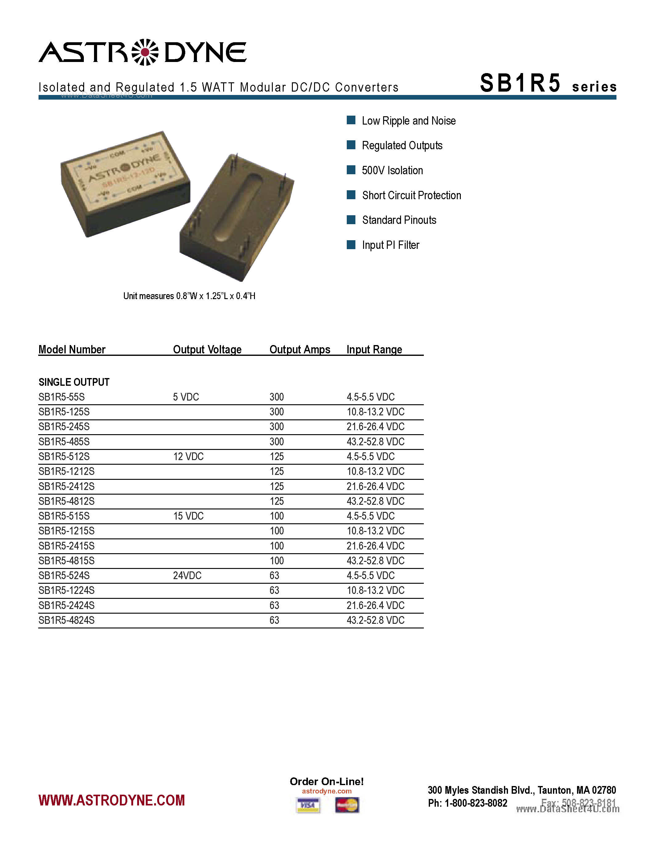 Даташит SB1R5 - Isolated and Regulated 1.5 WATT Modular DC/DC Converters страница 1