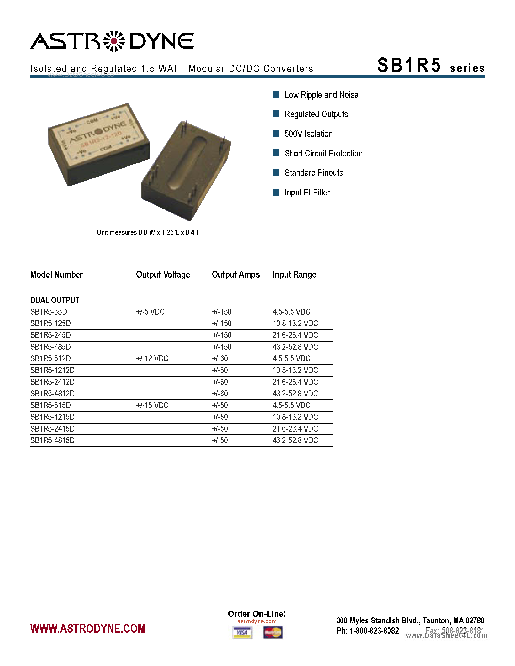 Даташит SB1R5 - Isolated and Regulated 1.5 WATT Modular DC/DC Converters страница 2